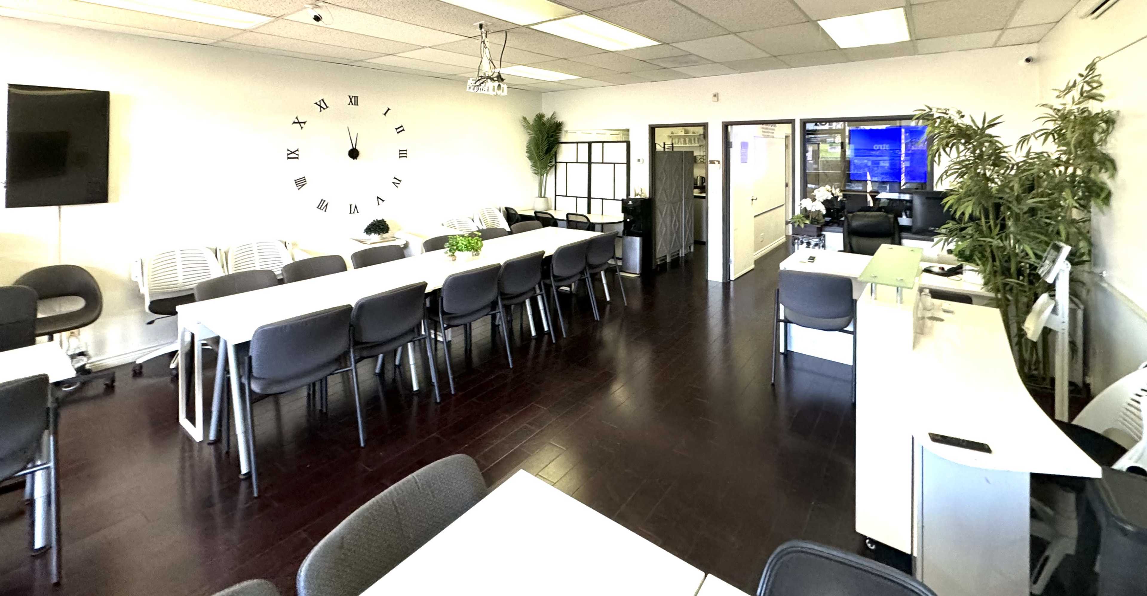 A modern office space featuring a long table with chairs, a large clock on the wall, and plants enhancing the decor.