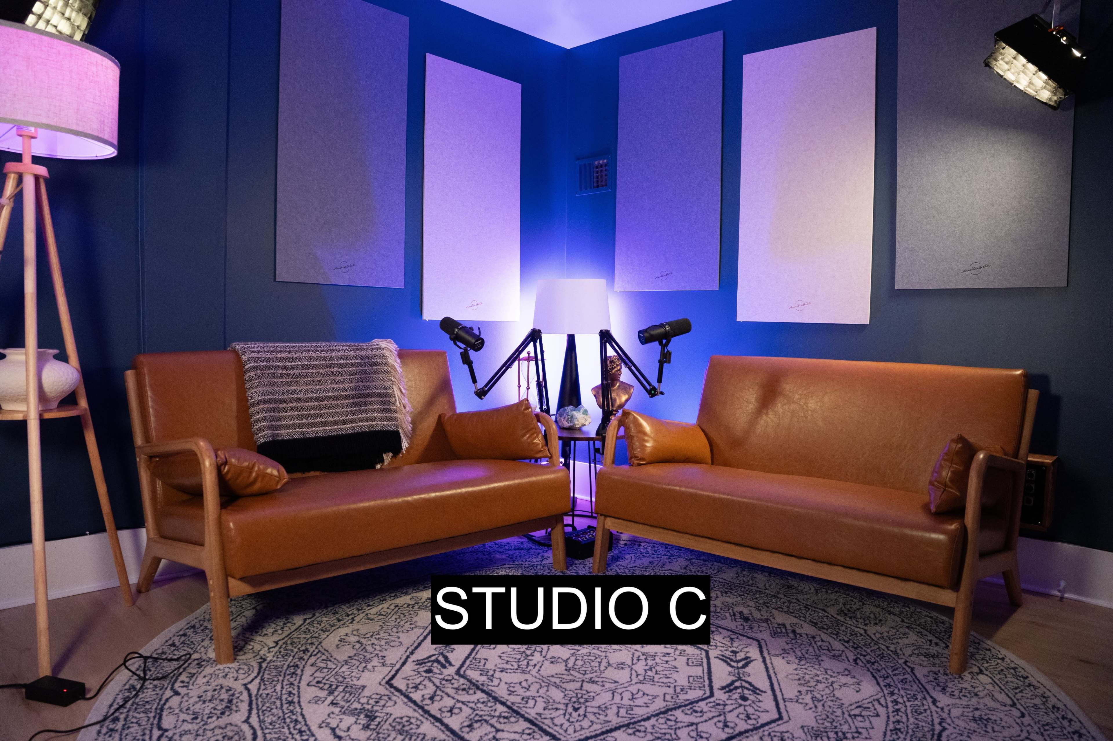 The image shows a cozy studio setting with two brown leather sofas arranged around a decorative rug, featuring a table lamp and two microphones on stands.