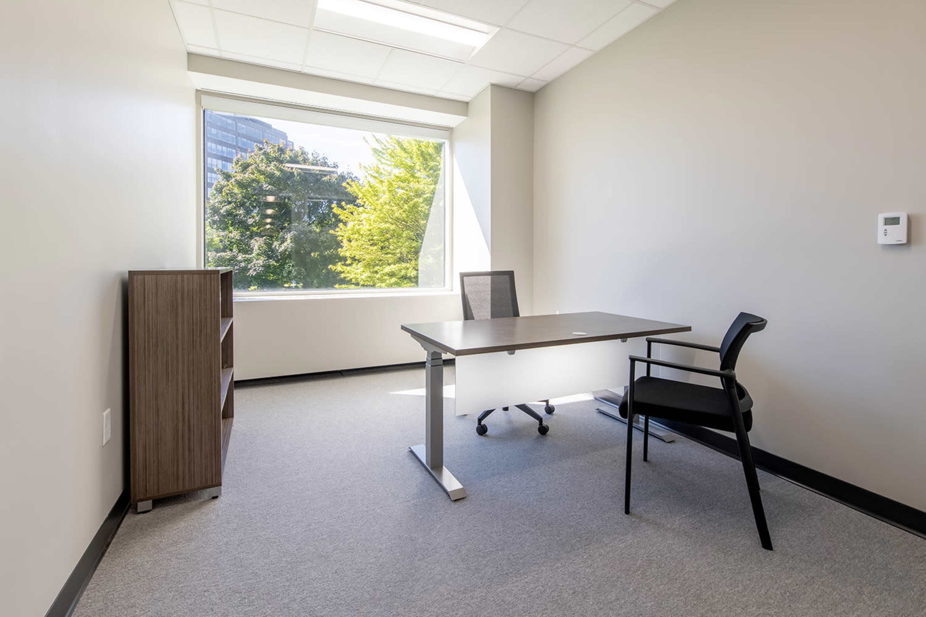 The image shows a minimalist office space featuring a desk, an office chair, a bookshelf, and a large window with a view of greenery outside.