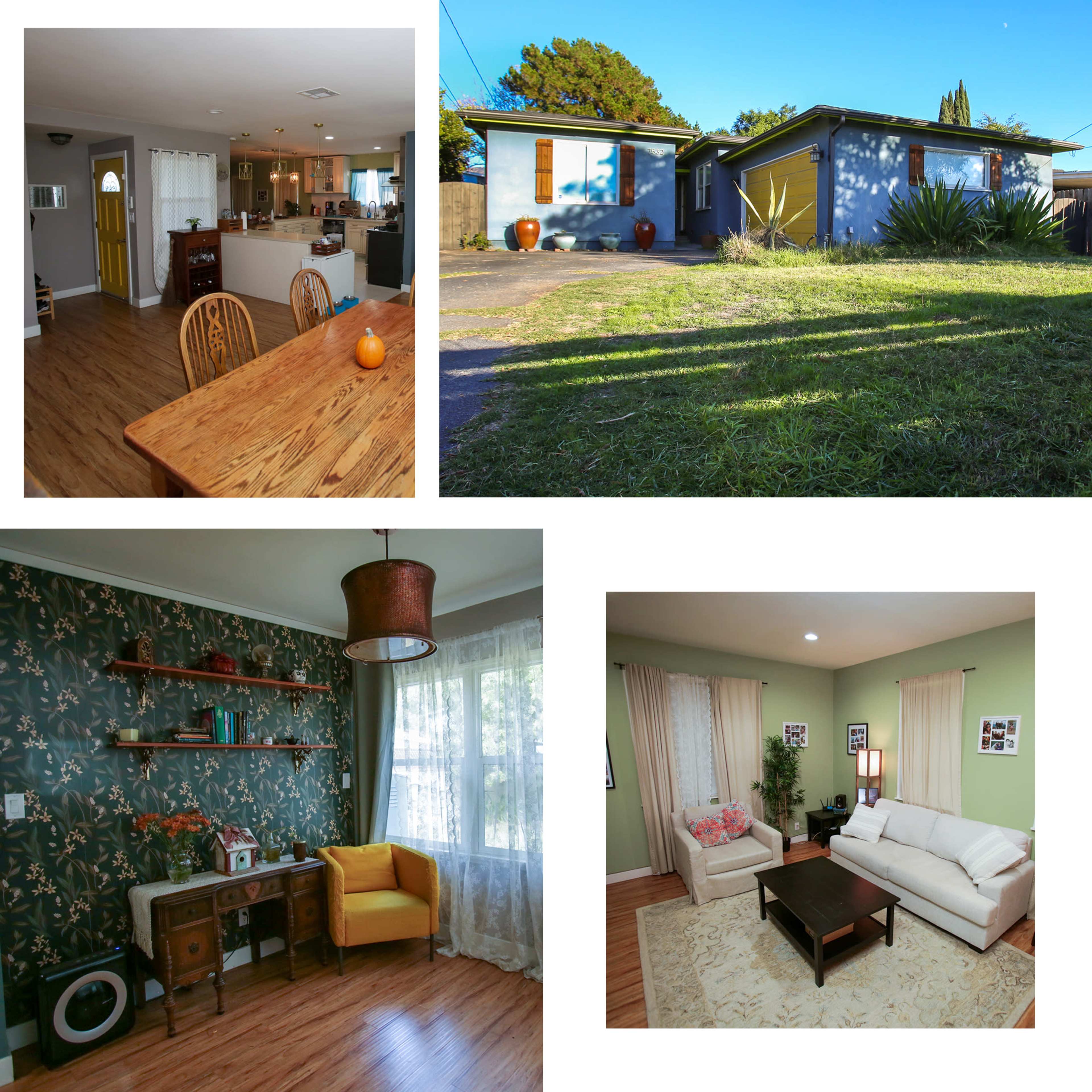 The image showcases four distinct scenes: a cozy dining area with wooden furniture, a colorful exterior view of a house, a well-decorated room featuring a vintage desk and chair, and a comfortable living room with a sofa and coffee table.