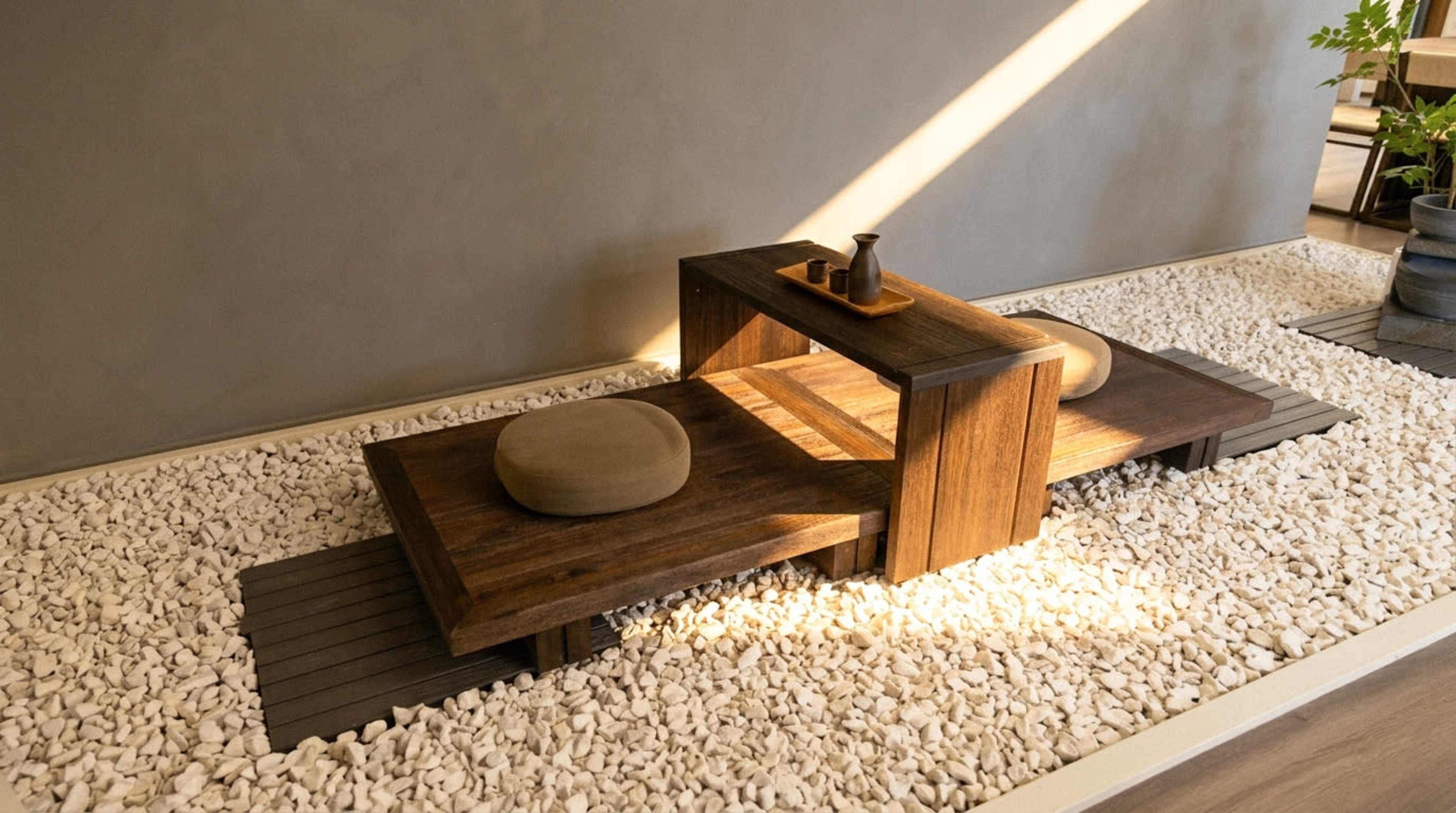 A wooden table with two round cushions is placed on a bed of small white stones, illuminated by a beam of light.