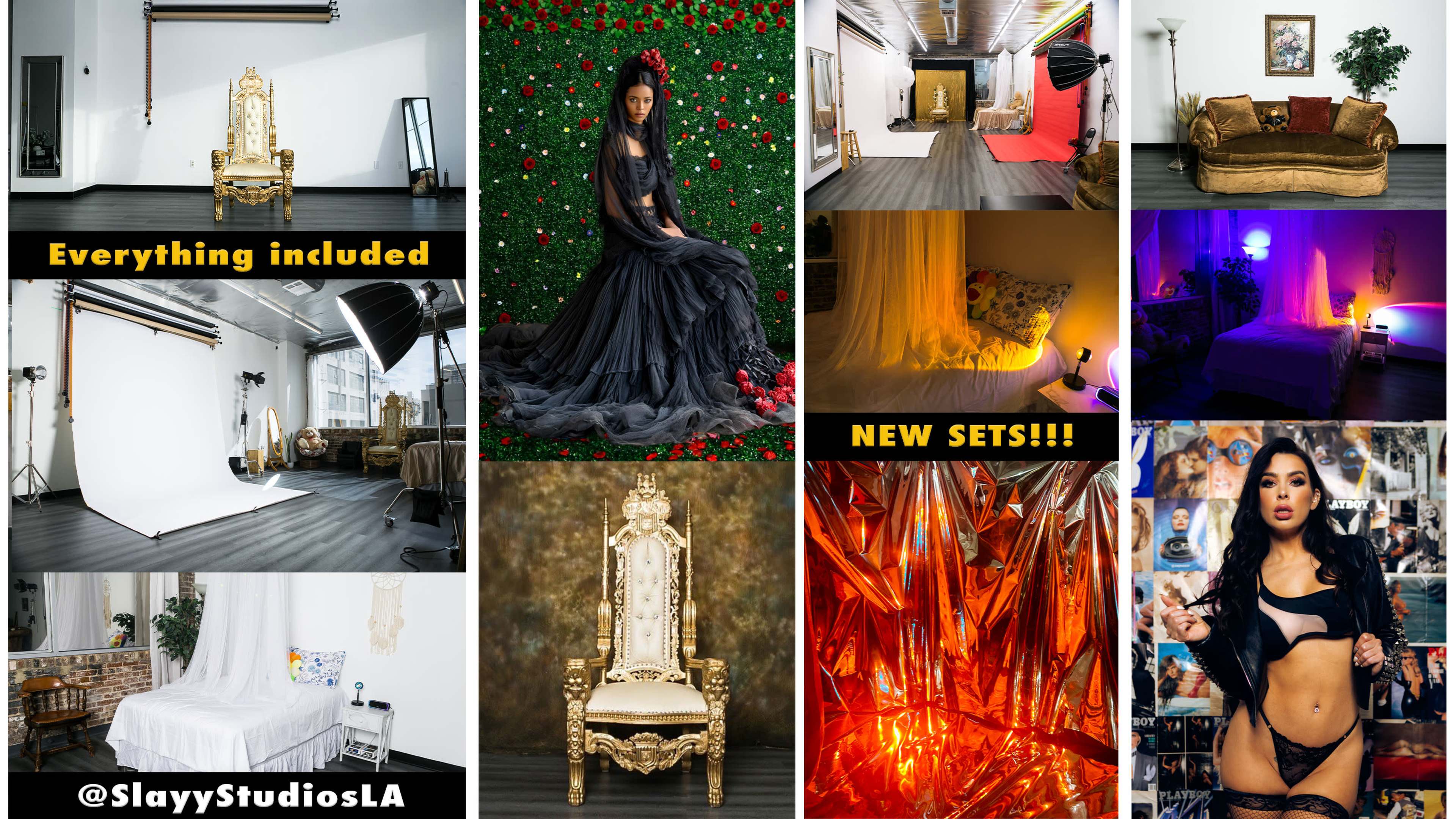 The image showcases various photo studio setups, featuring multiple backdrops, furniture options, and lighting equipment, along with a model posing in a dramatic outfit.