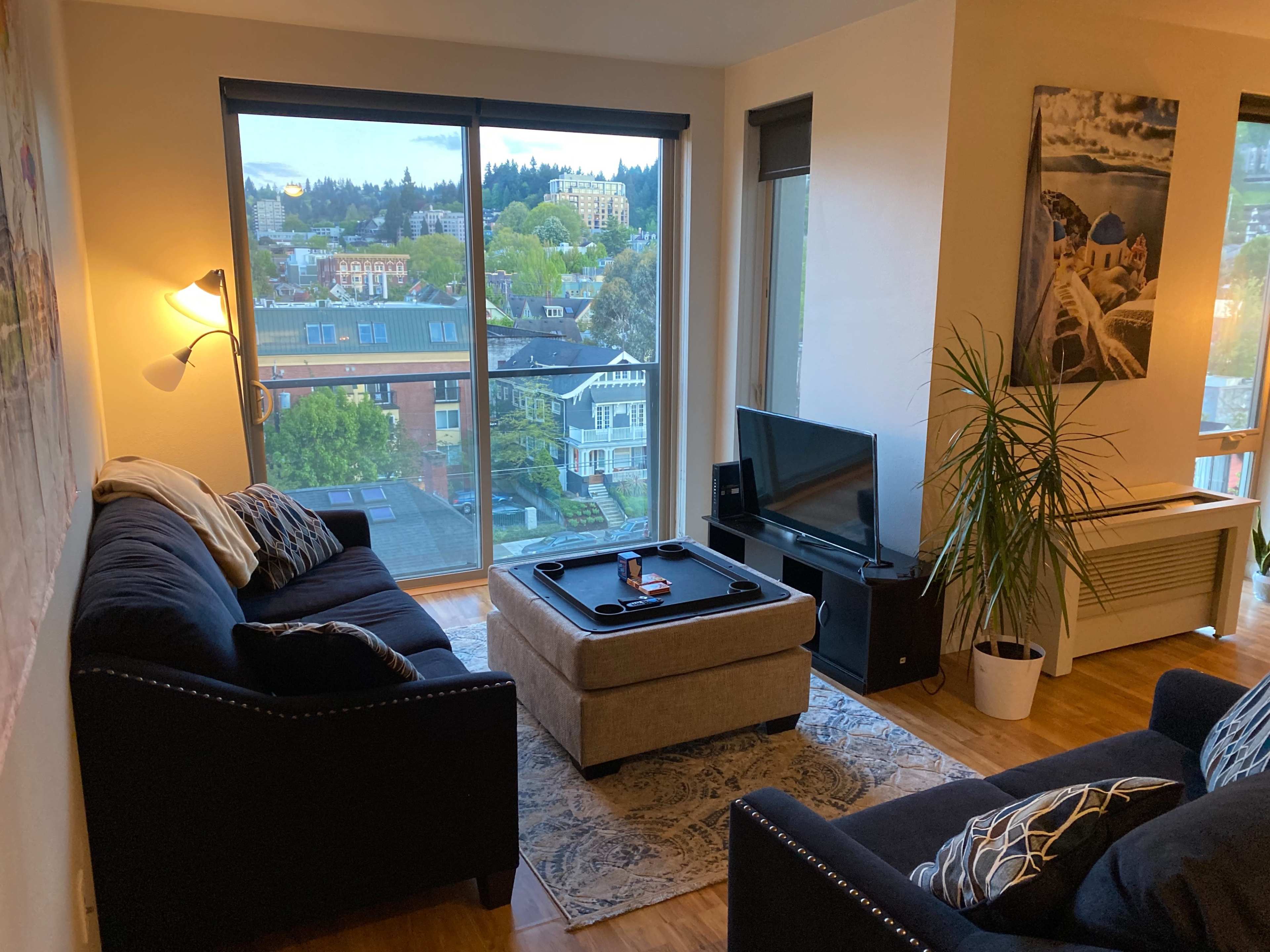 A well-lit living room featuring a black sofa, a coffee table, a TV stand, and a large window with a view of a neighborhood.