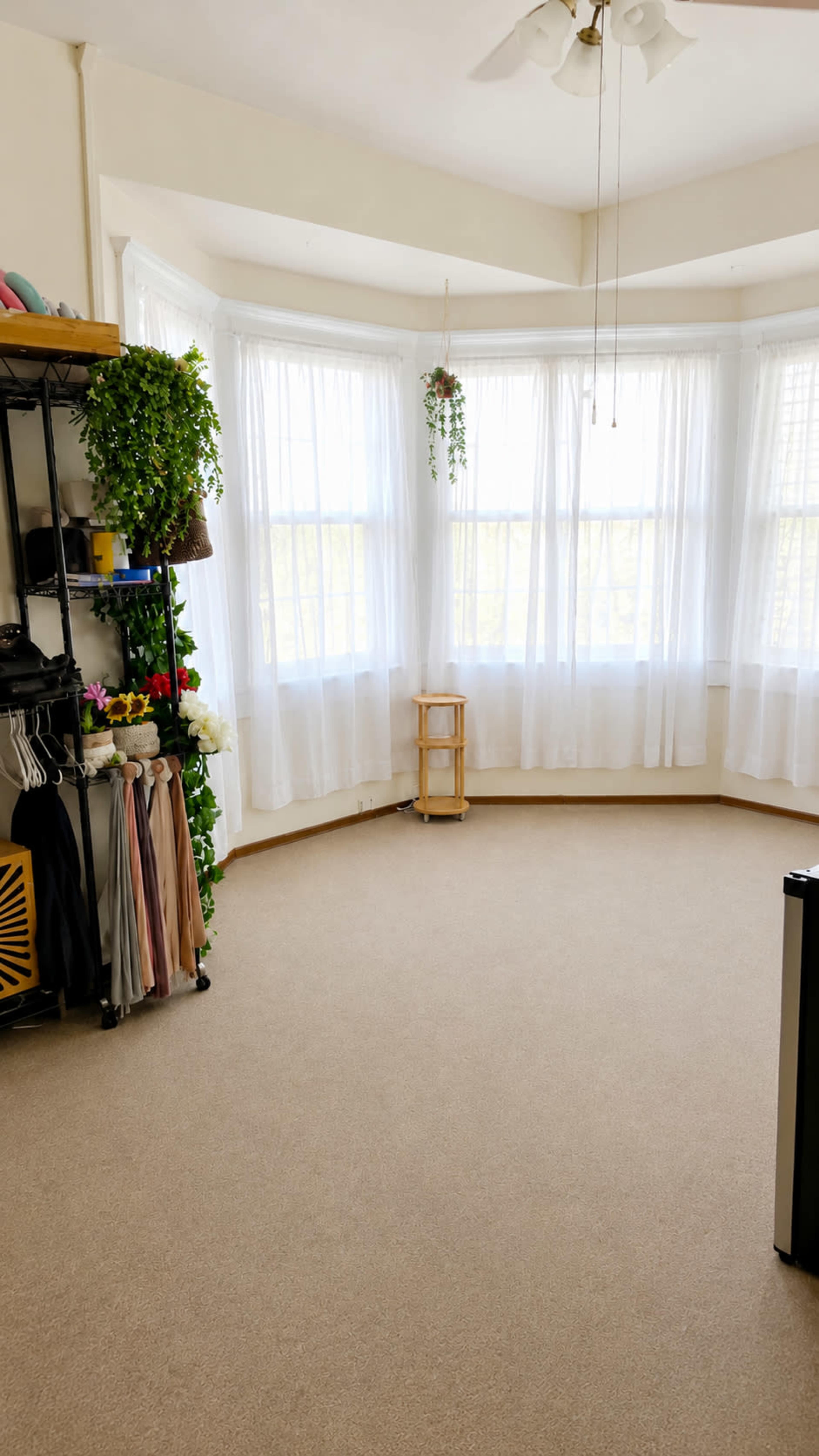 The image shows a bright, empty room with large windows covered by sheer curtains, a shelving unit with plants and clothing, and a small wooden stand near the center.