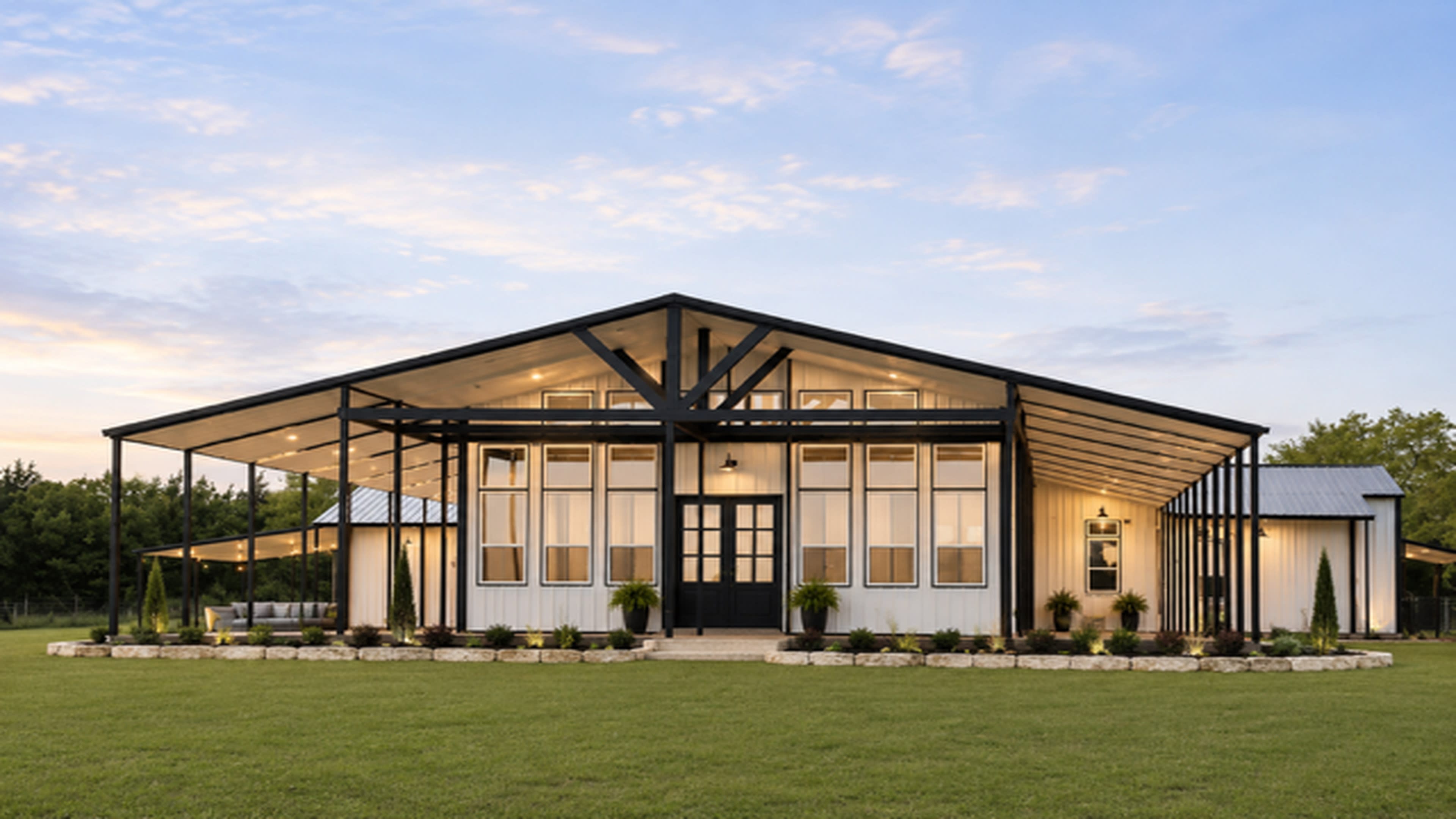 The image shows a modern, angular house with a large porch and multiple windows, set on a grassy lawn under a clear sky.