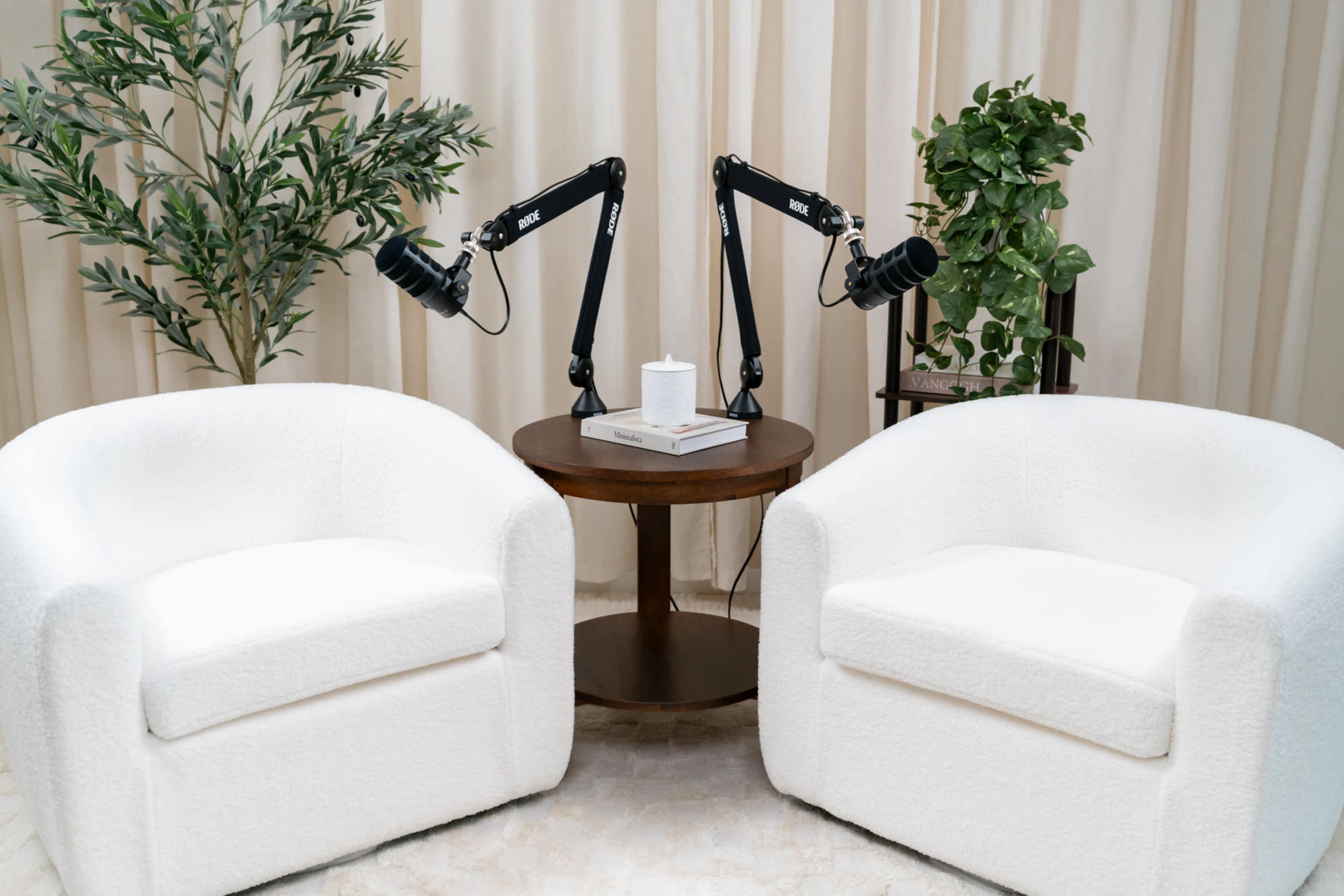 The image features two white armchairs positioned facing each other around a small wooden table, with two microphones on adjustable stands above the table and plants in the background.