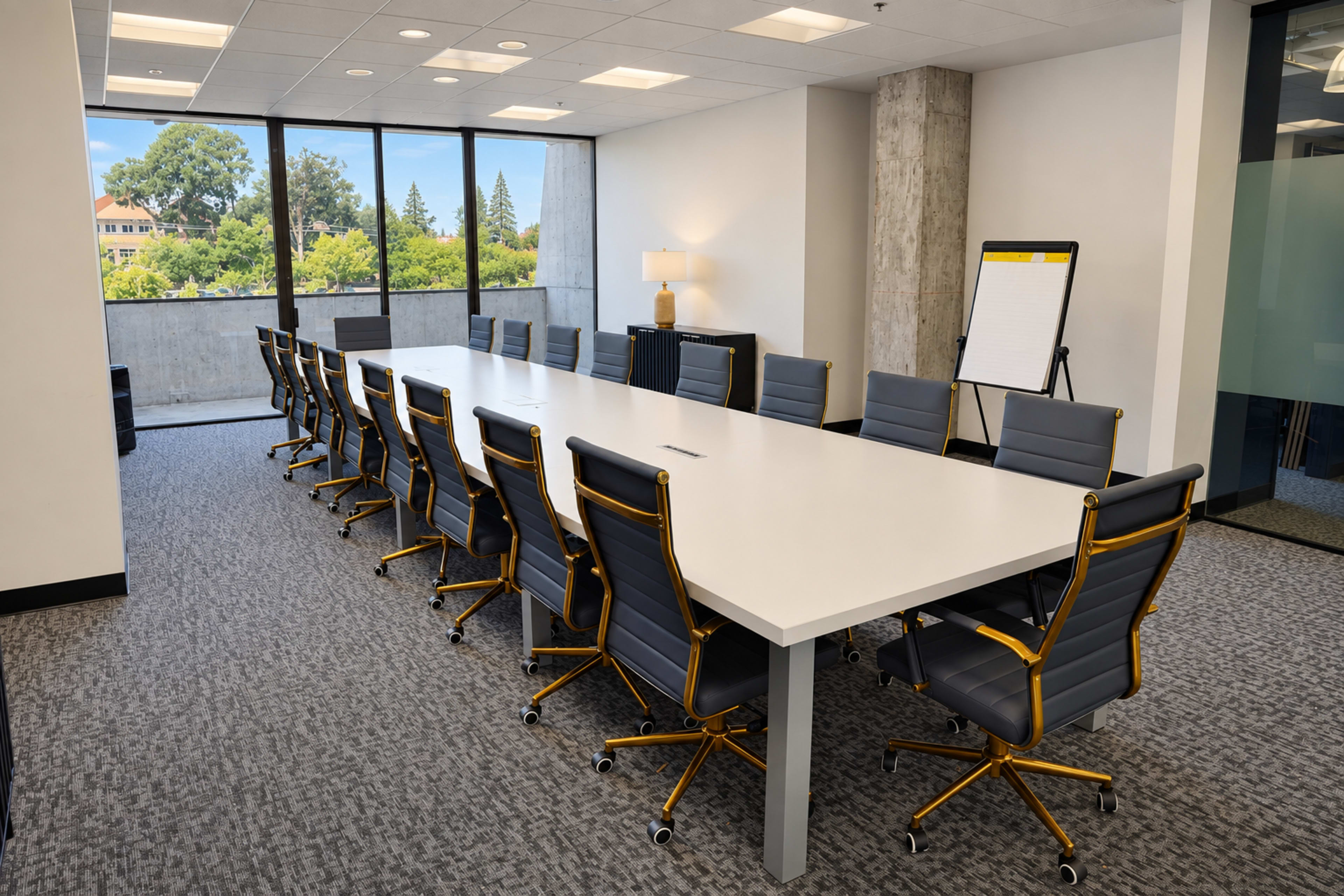 A large conference room features a long white table surrounded by modern gray and gold chairs, with large windows overlooking greenery.