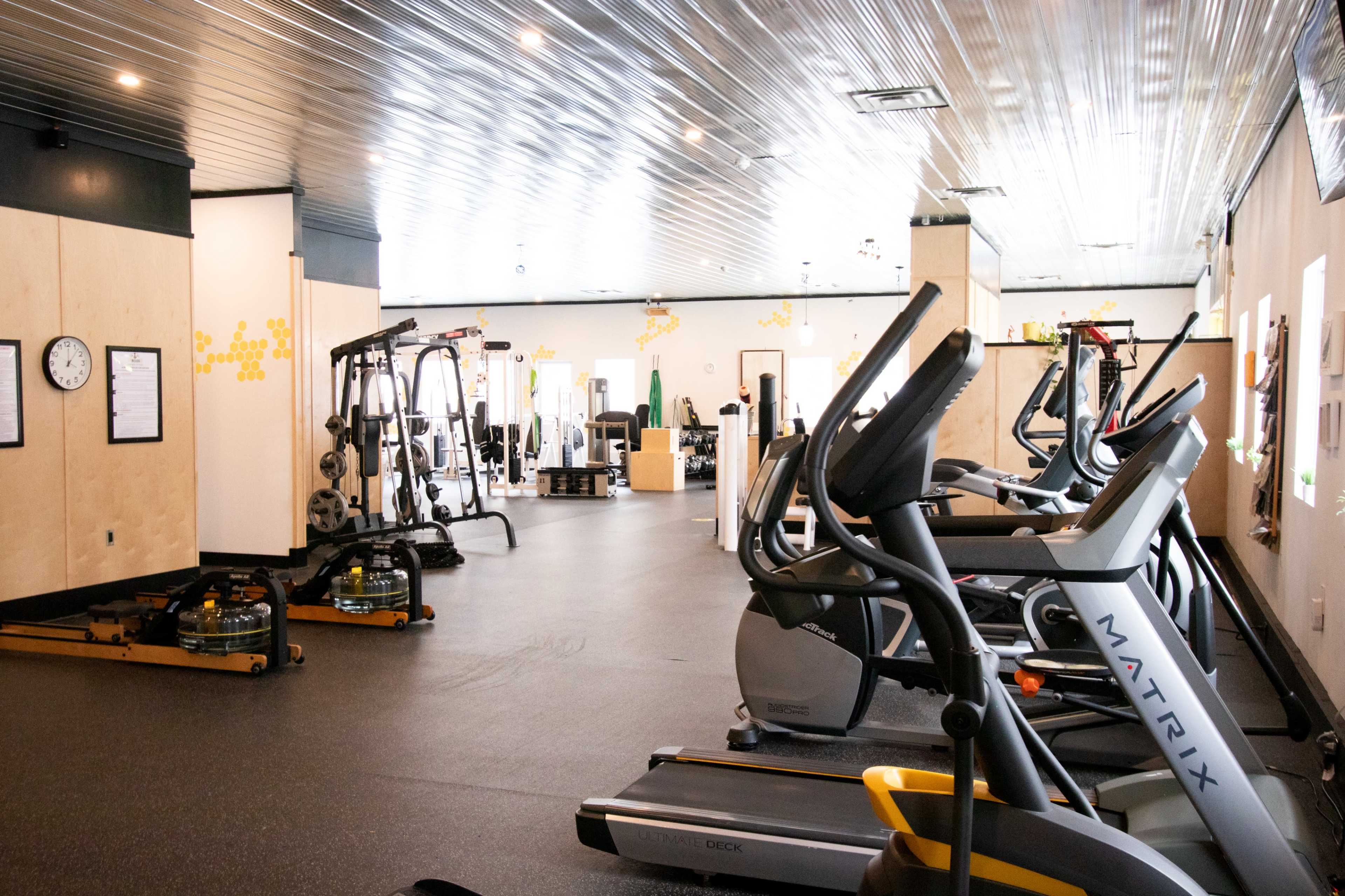 A spacious gym with various exercise machines, including treadmills and weightlifting equipment, arranged neatly across the room.