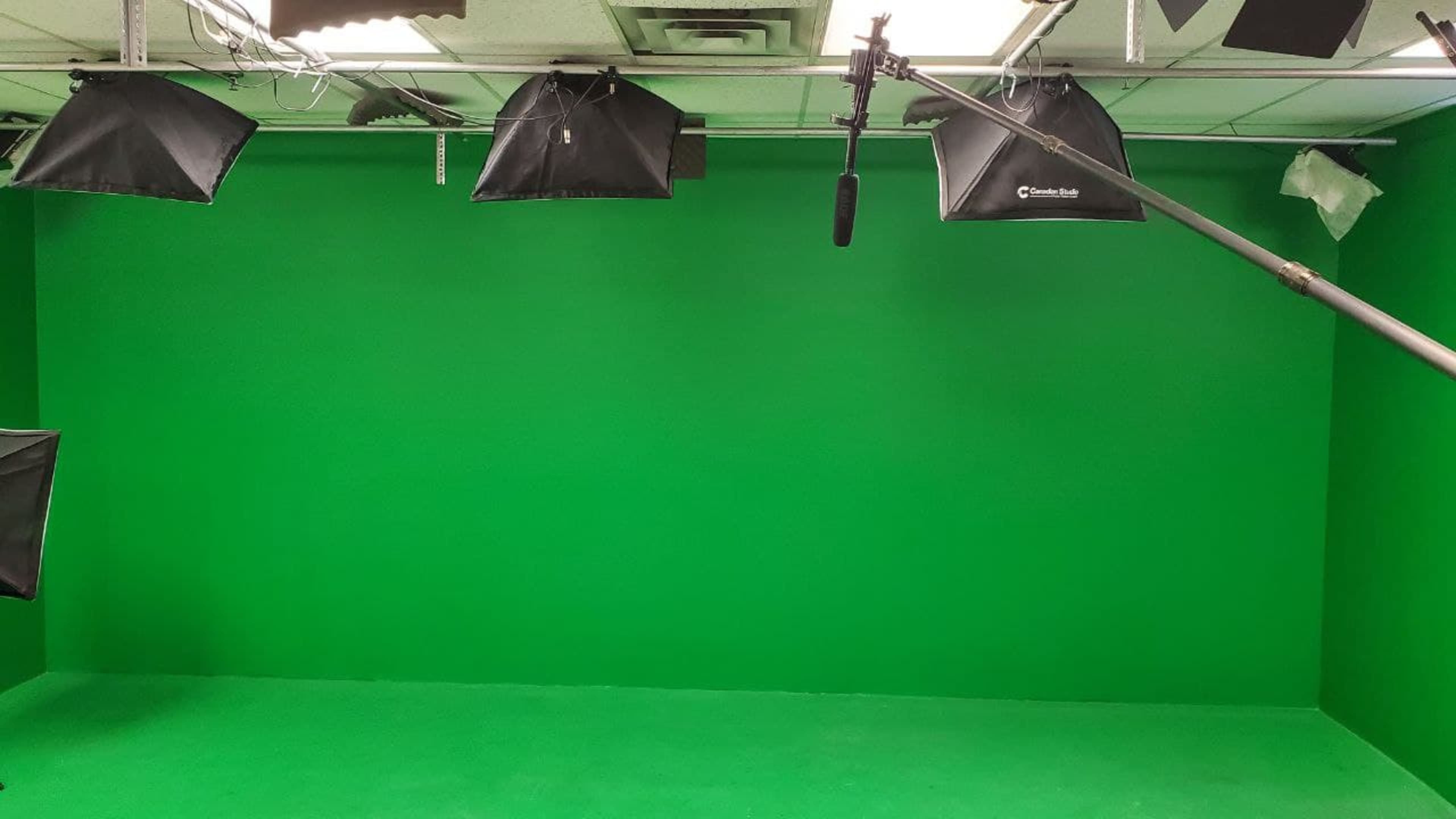 A green room equipped with lighting and a microphone setup.