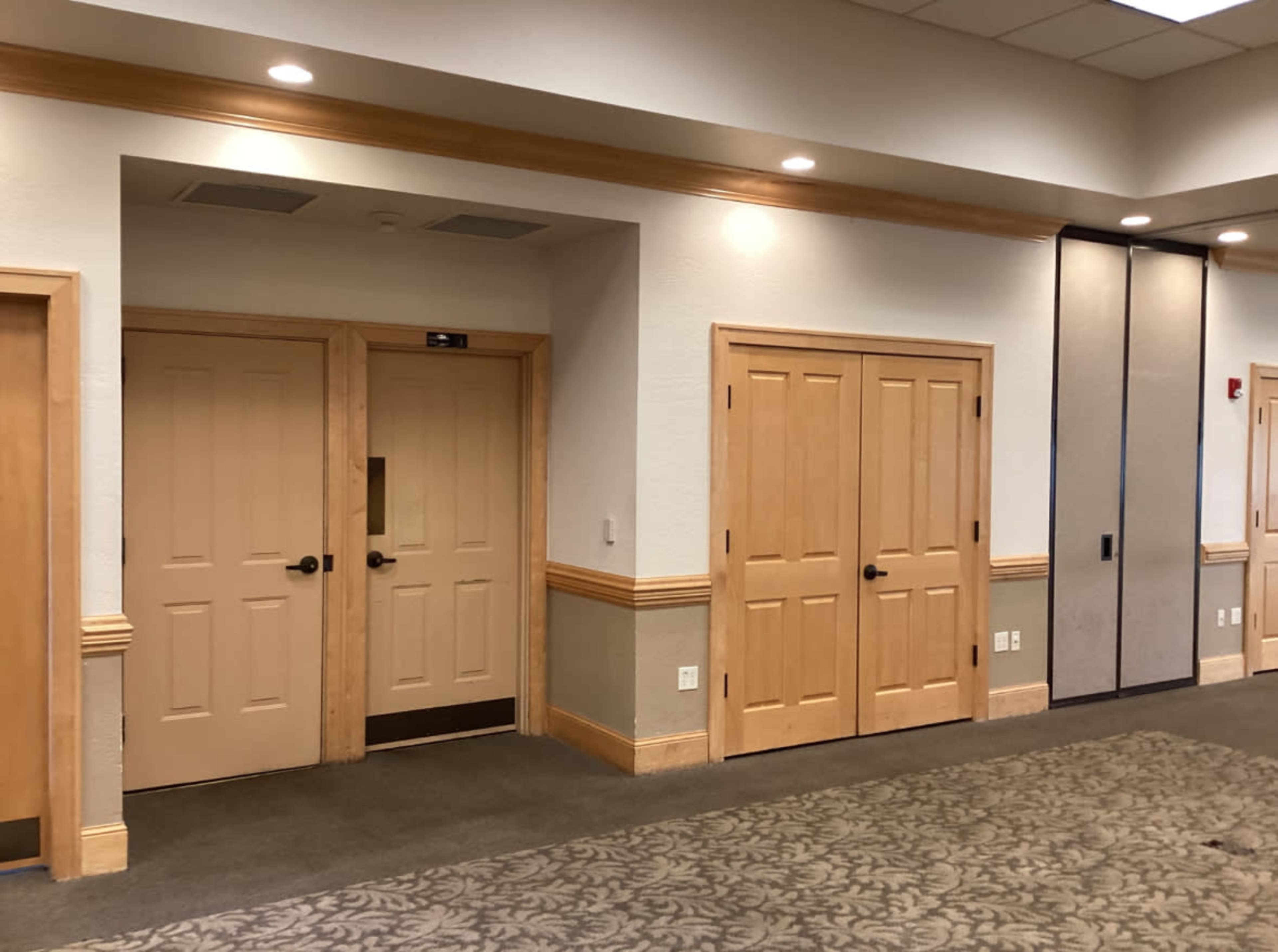 The image shows a hallway with two wooden doors, one with a window and a handle, and a wall with light-colored paneling and carpeted flooring.