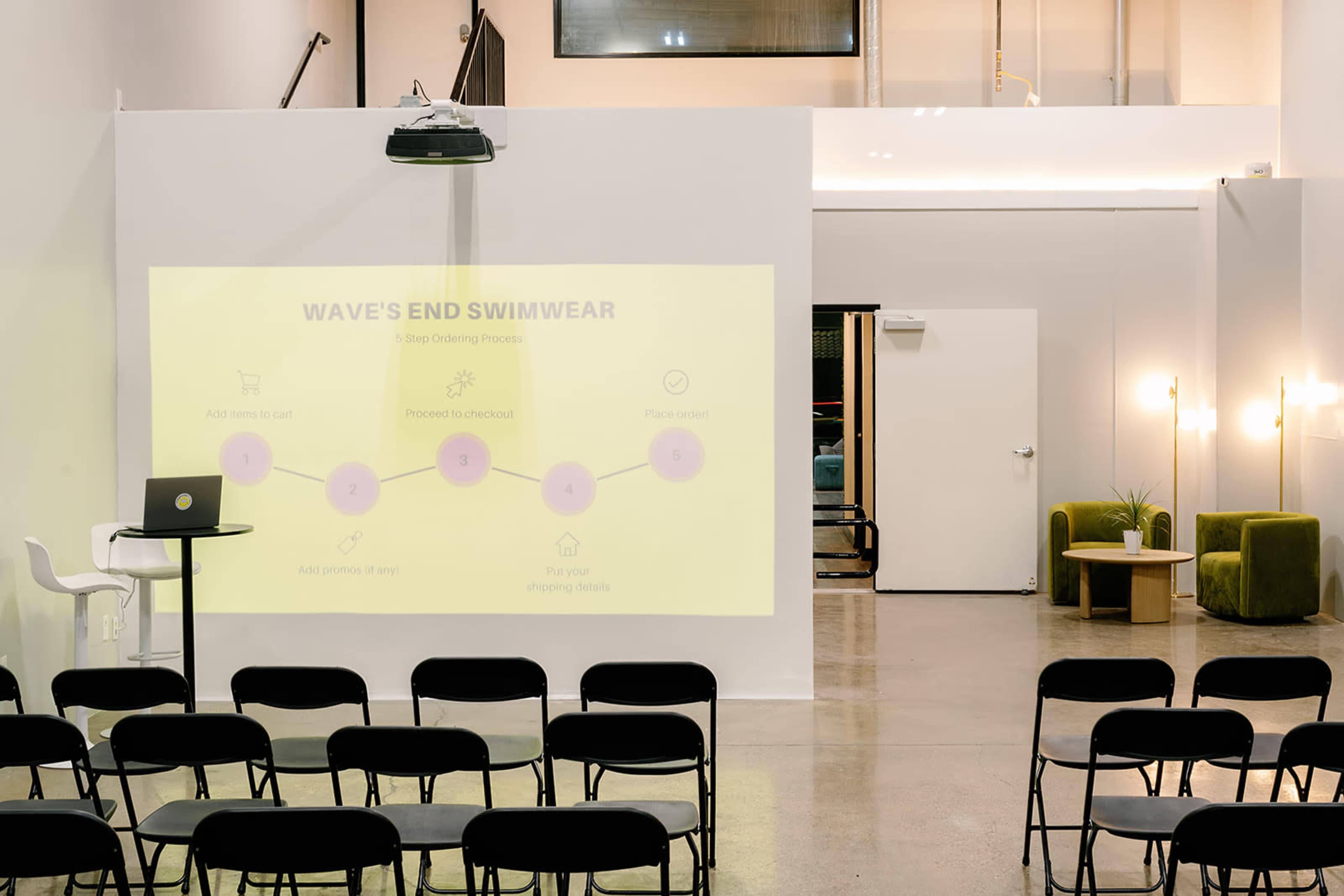 A projector displays a diagram outlining a swimwear ordering process on a large screen, with black chairs arranged in rows in the foreground and modern furniture in the background.