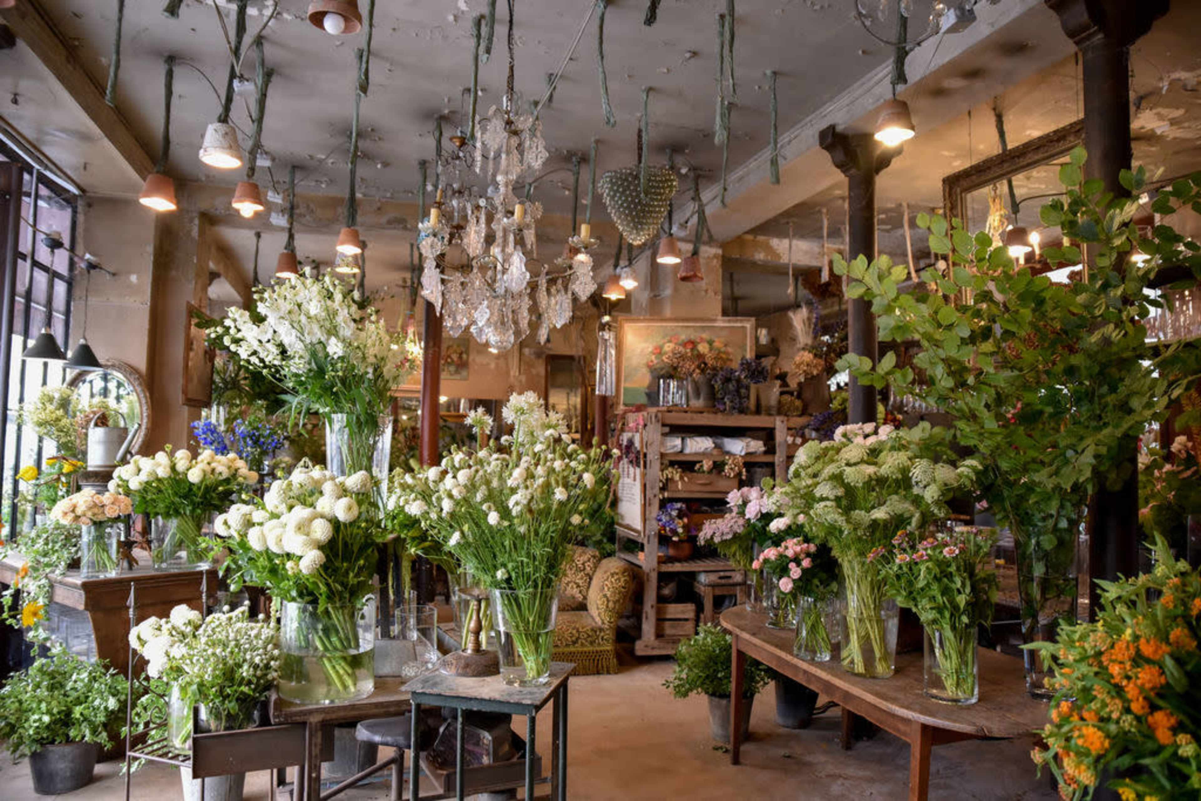 A floral shop filled with various flower arrangements in vases, surrounded by greenery and decorative light fixtures.
