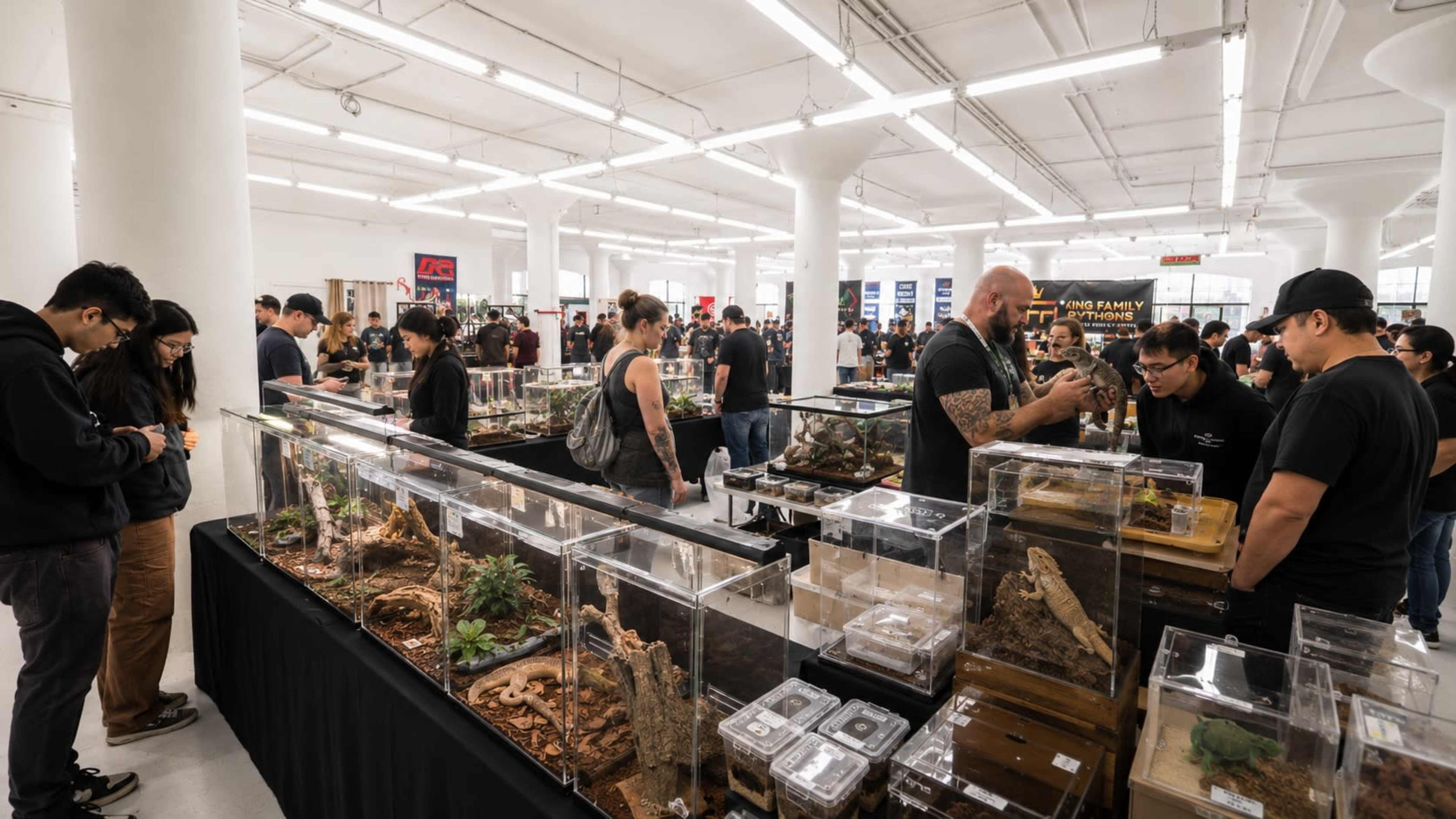 A large indoor expo featuring various reptile displays and attendees engaged in conversation and browsing exhibits.