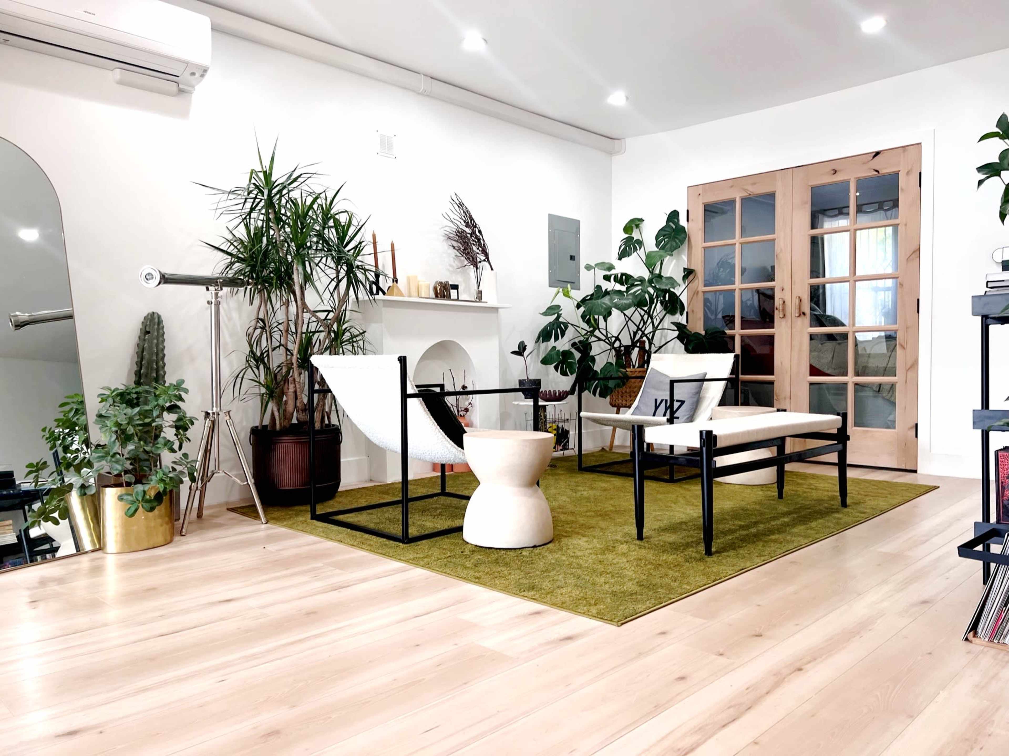 A modern living room with a green area rug, two chairs, a small table, various indoor plants, and sliding glass doors leading to another room.