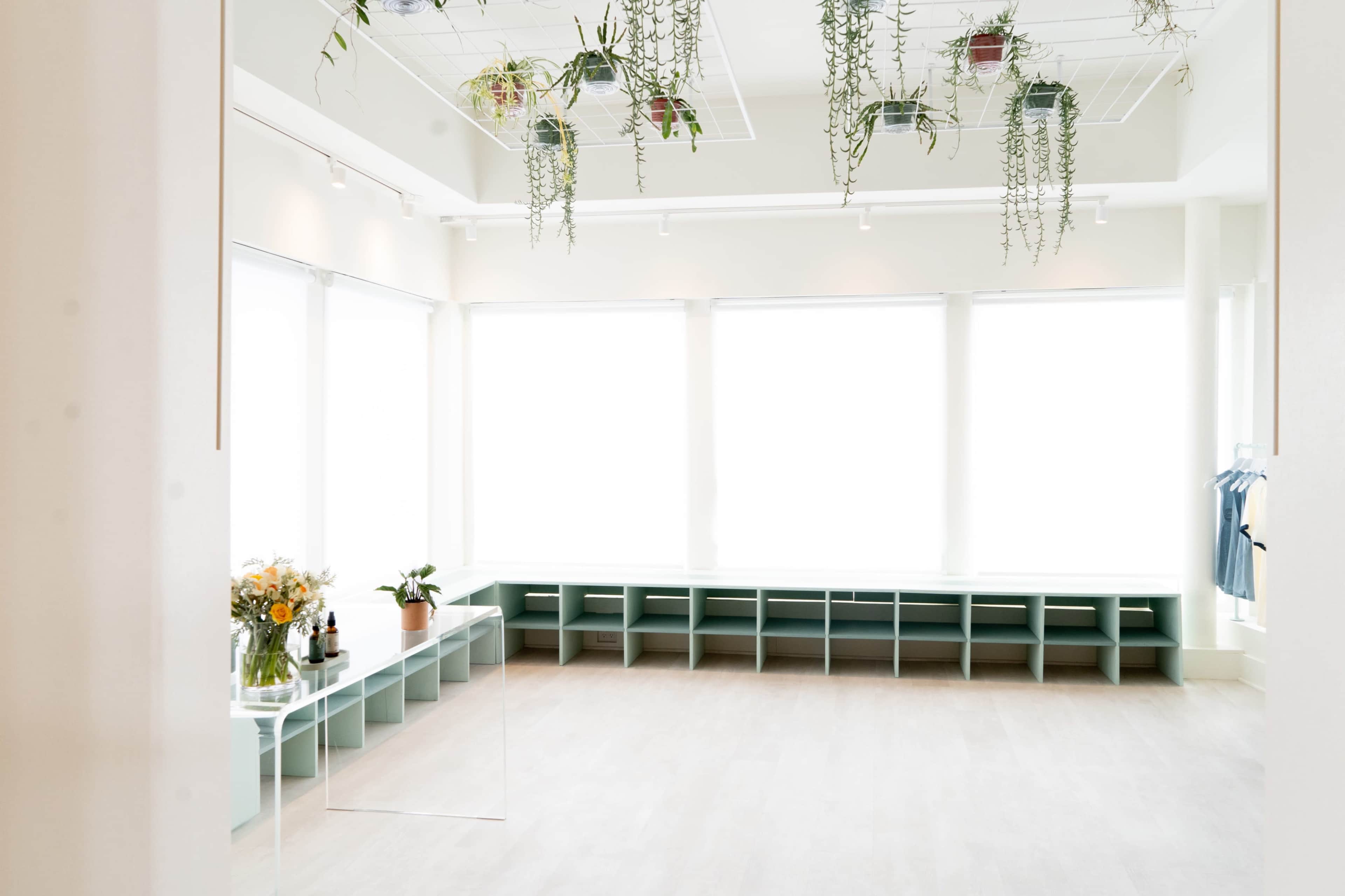 A bright, spacious room with large windows, showcasing a minimalistic interior design featuring shelving, plants hanging from the ceiling, and a simple table displaying flowers.