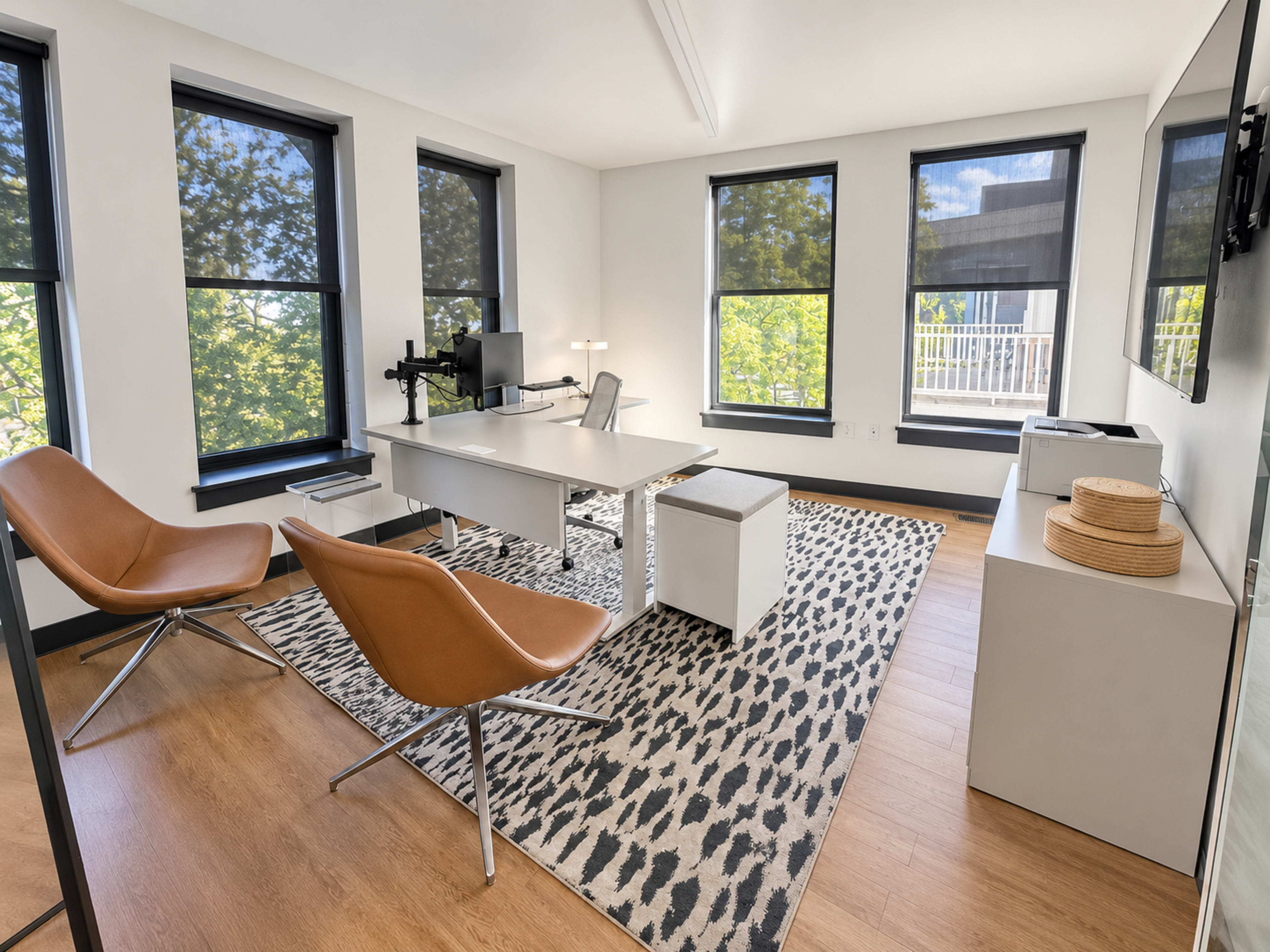 A modern office features a desk, two brown chairs, and a large rug with a leopard print pattern, surrounded by windows that allow natural light.