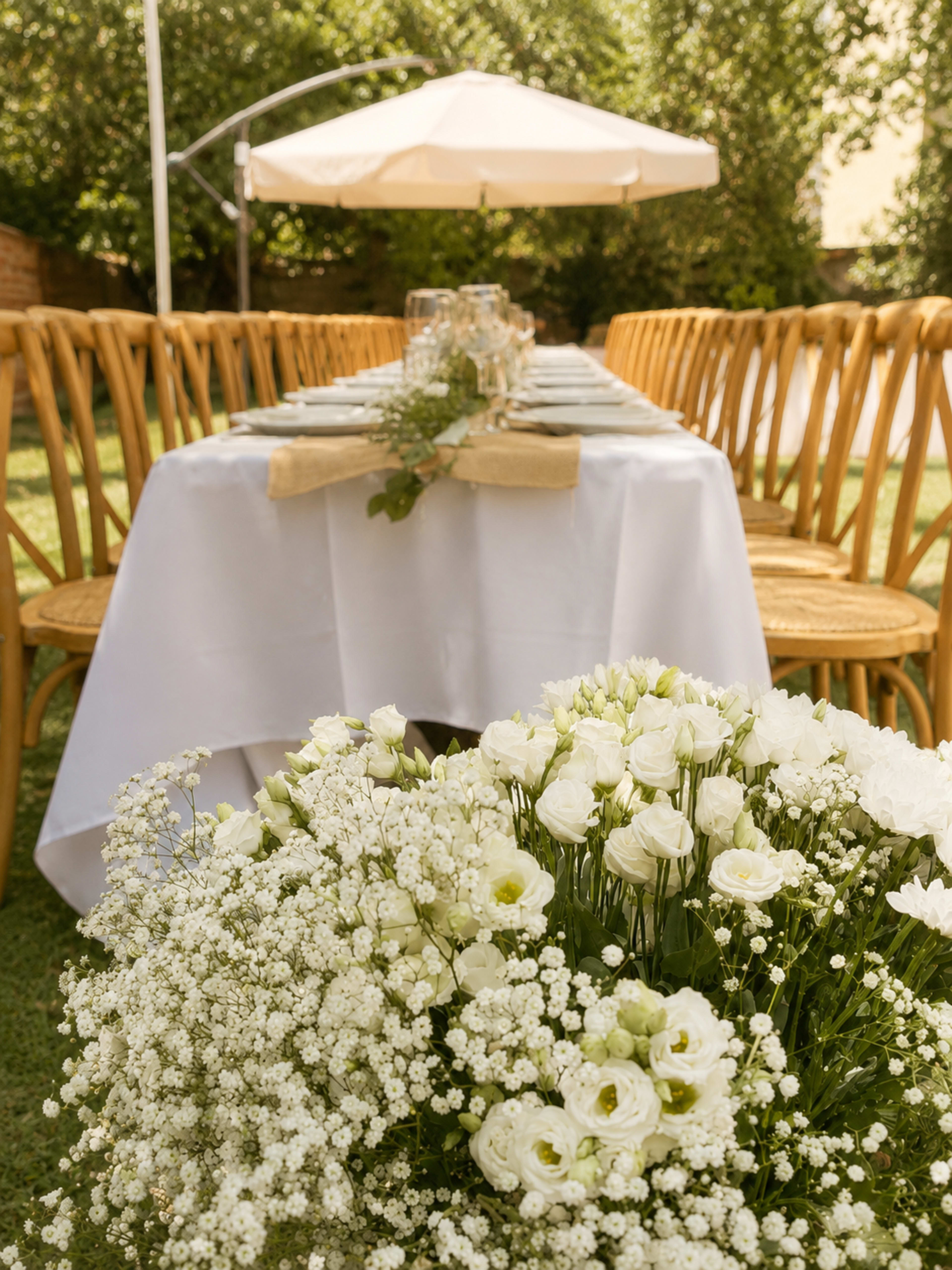 A long dining table set with a white tablecloth and surrounded by wooden chairs is adorned with a bouquet of white flowers and greenery, under a shaded area.
