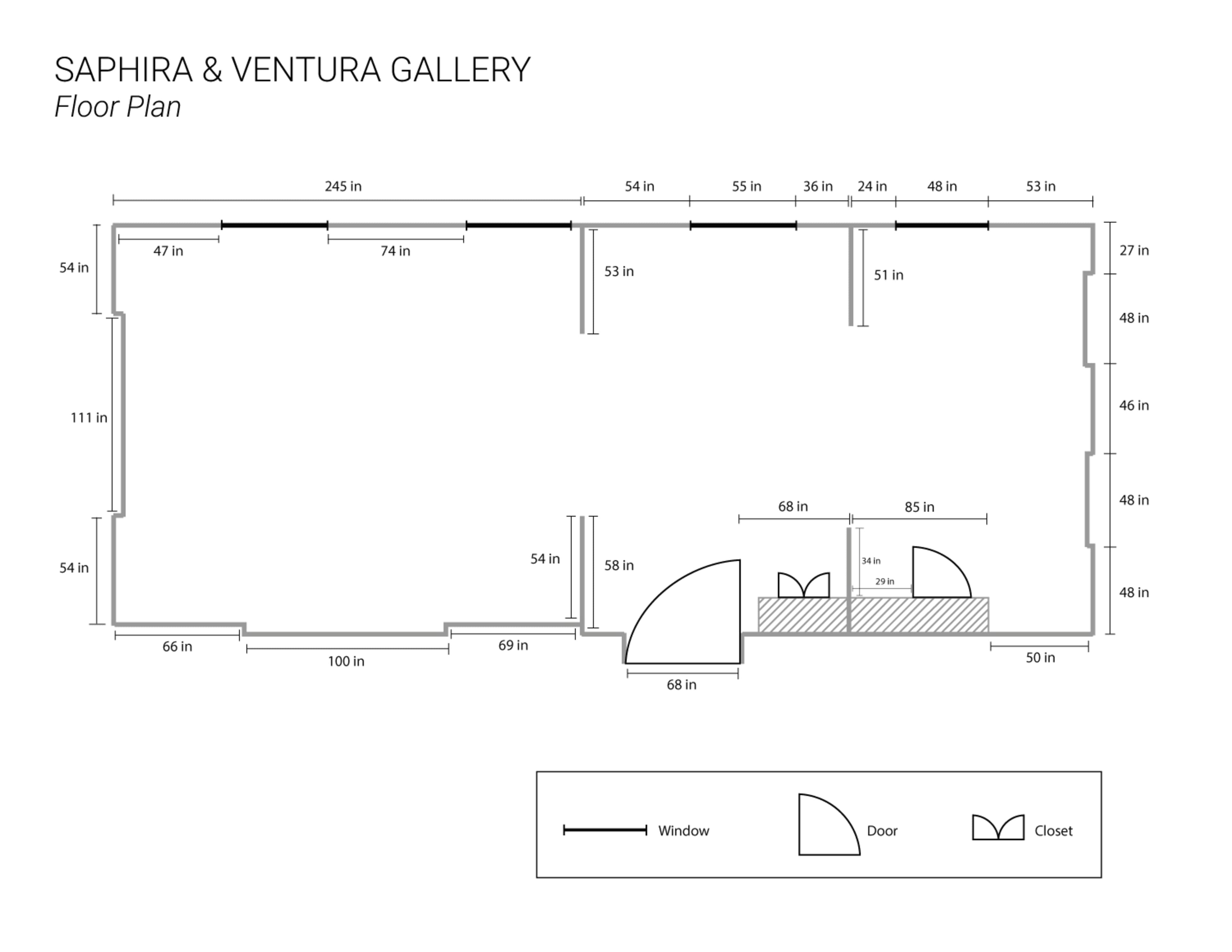 The image displays a detailed floor plan of the Saphira & Ventura Gallery, highlighting the dimensions and layout of the space, including windows, doors, and a closet.