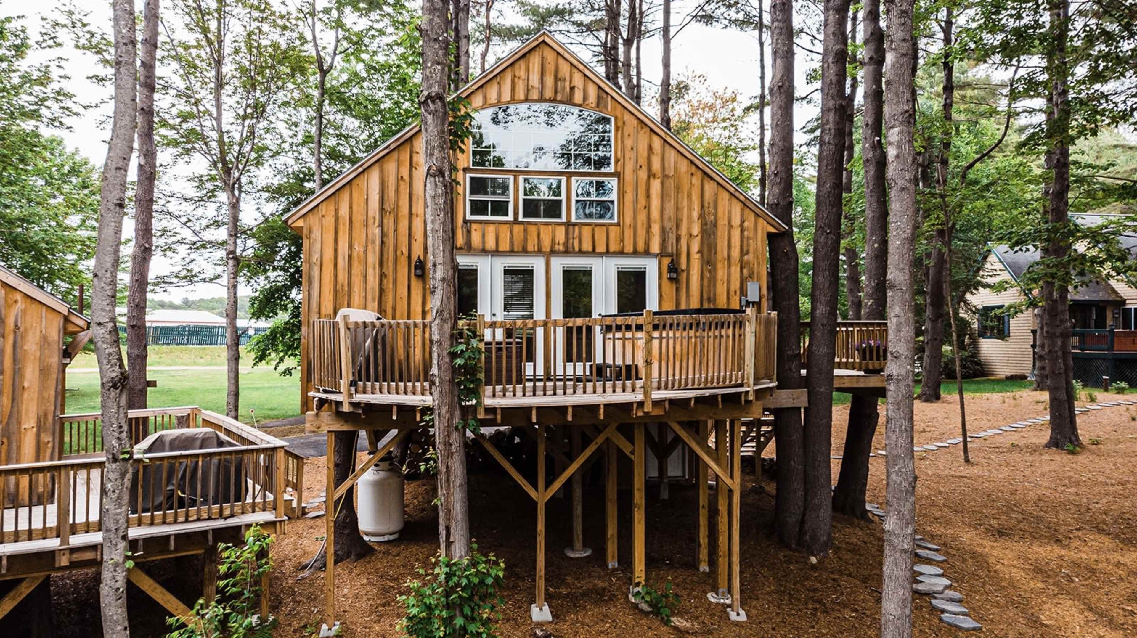 A wooden cabin with a balcony is elevated on stilts among tall trees near a grassy area.