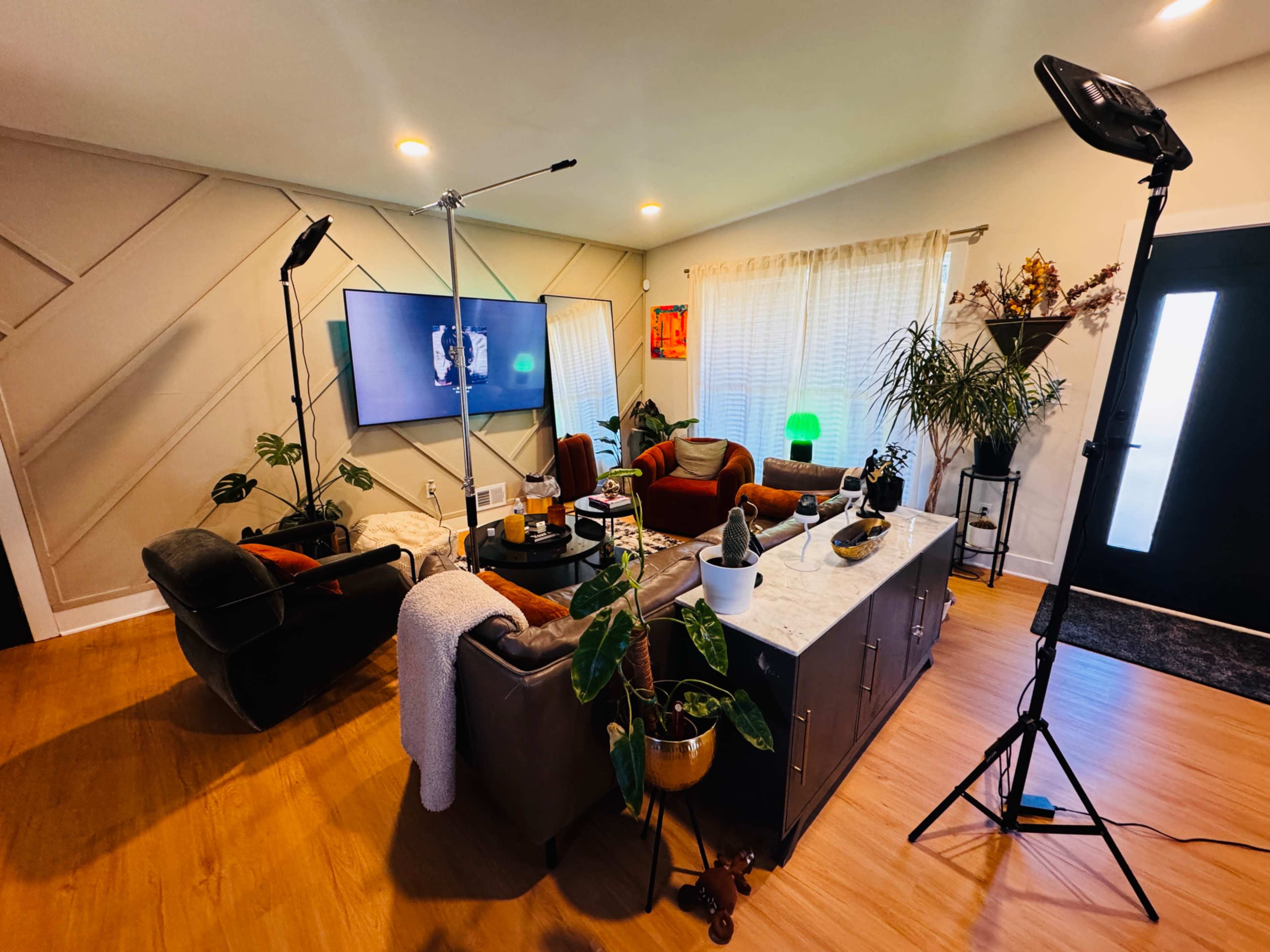 The image shows a modern living room with a large television, a sectional sofa, a coffee table, and various indoor plants, illuminated by standing lights.
