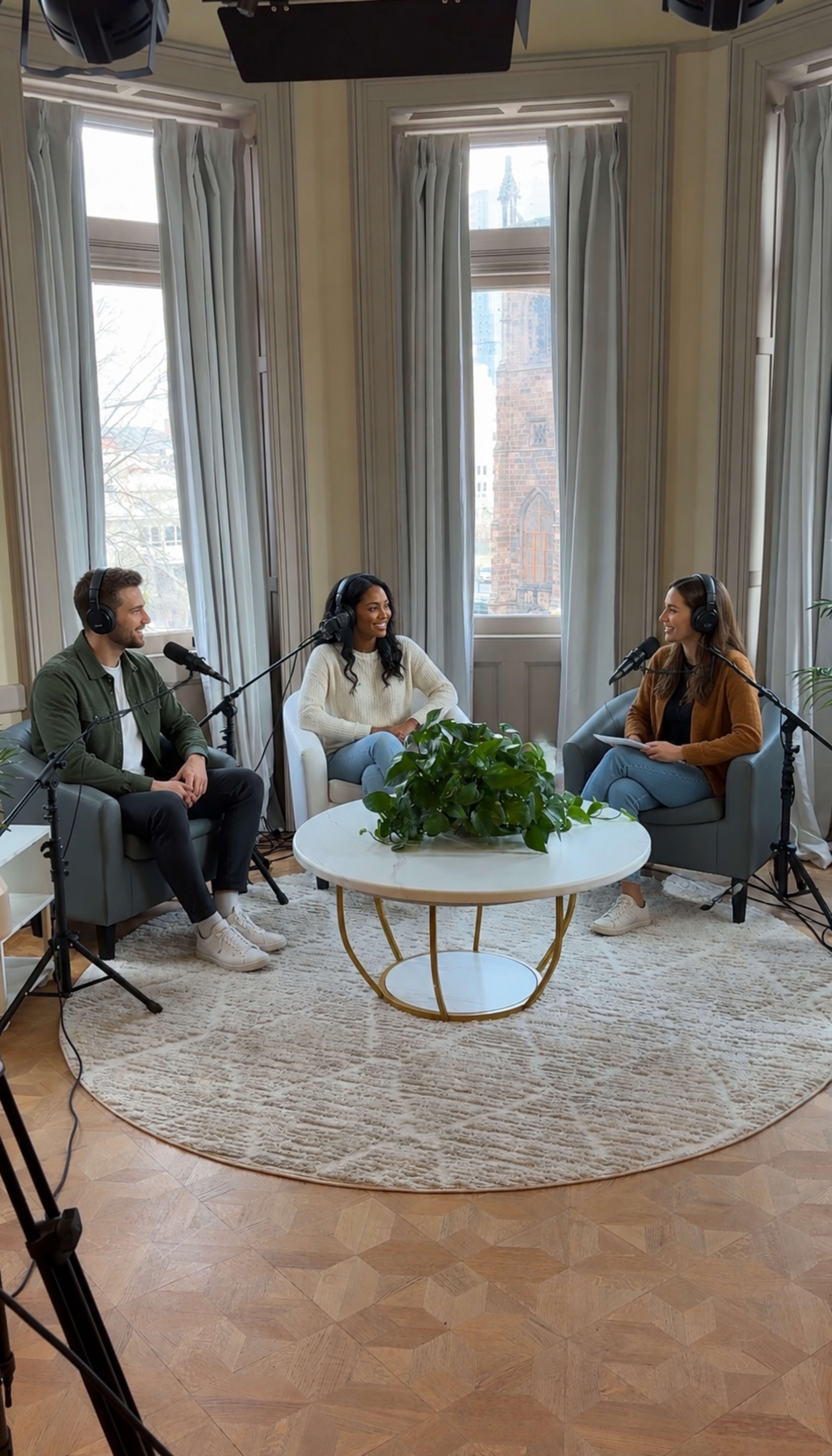 Three individuals sit in a modern studio space with large windows and a circular coffee table, engaged in conversation while using microphones.