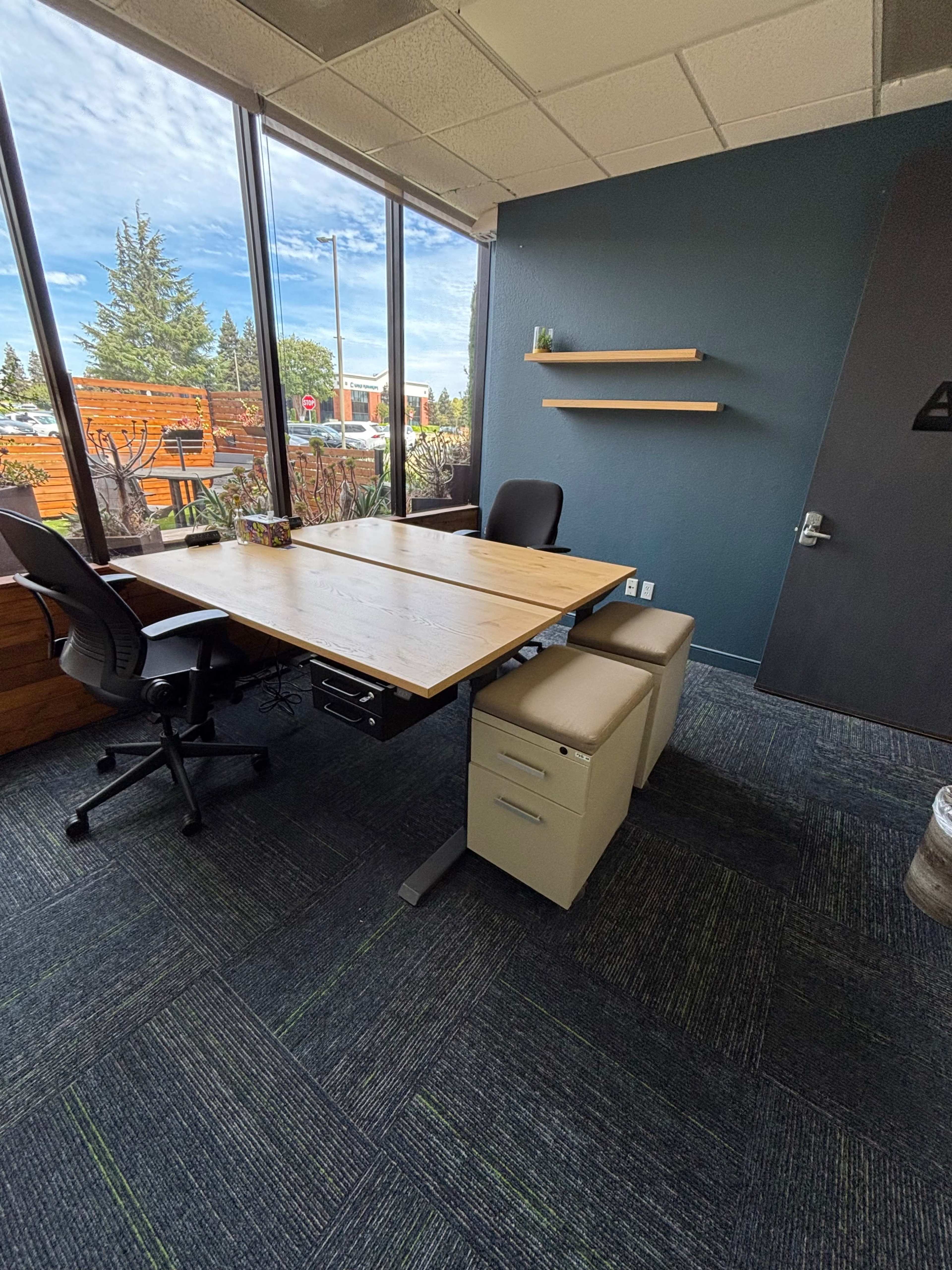 The image shows a modern office space featuring a wooden table, two black chairs, and a beige filing cabinet, with large windows providing natural light and a view of greenery outside.