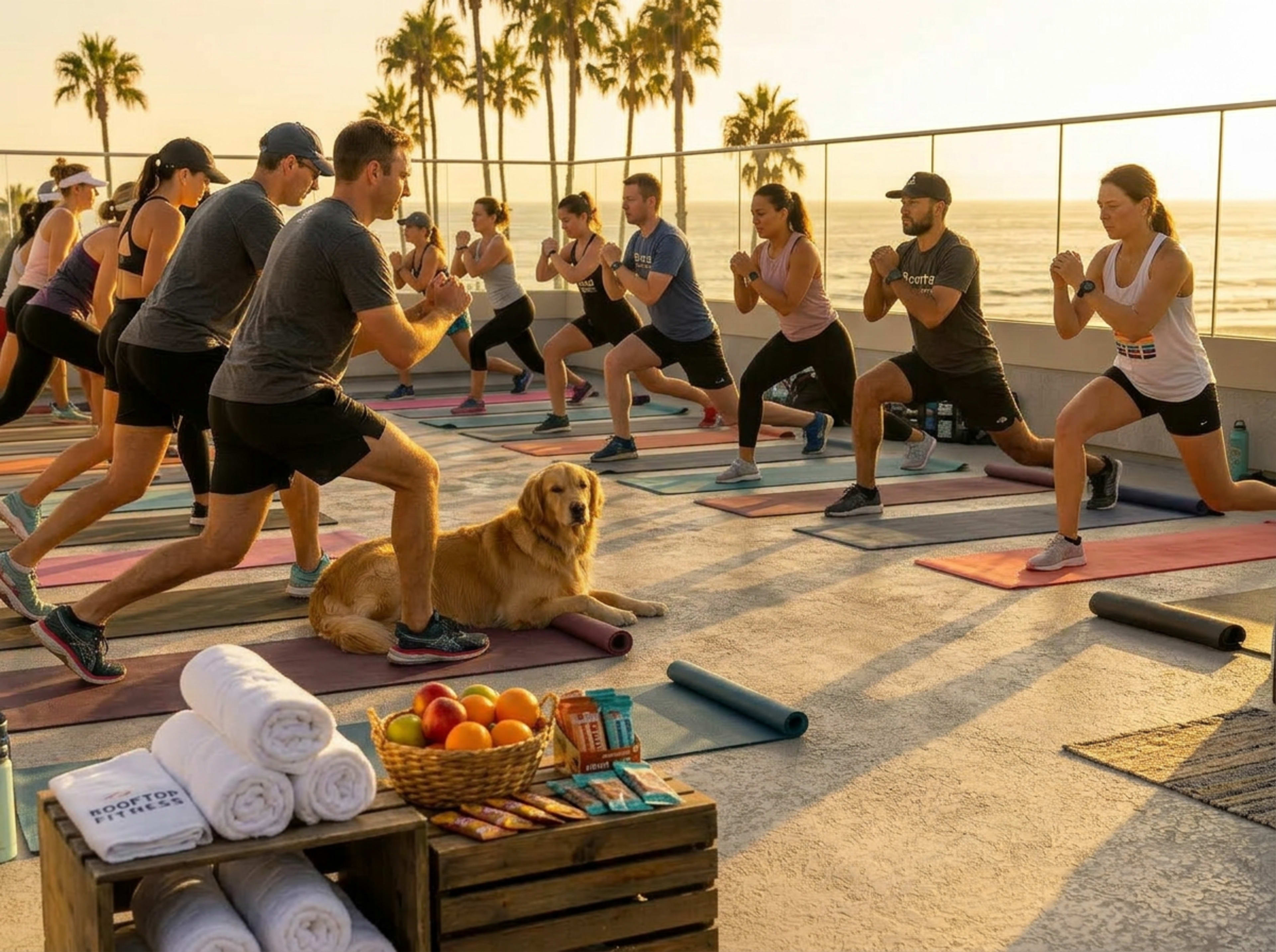 A group of people are participating in a fitness class on an outdoor terrace overlooking the ocean, with a golden retriever lounging on a yoga mat nearby.