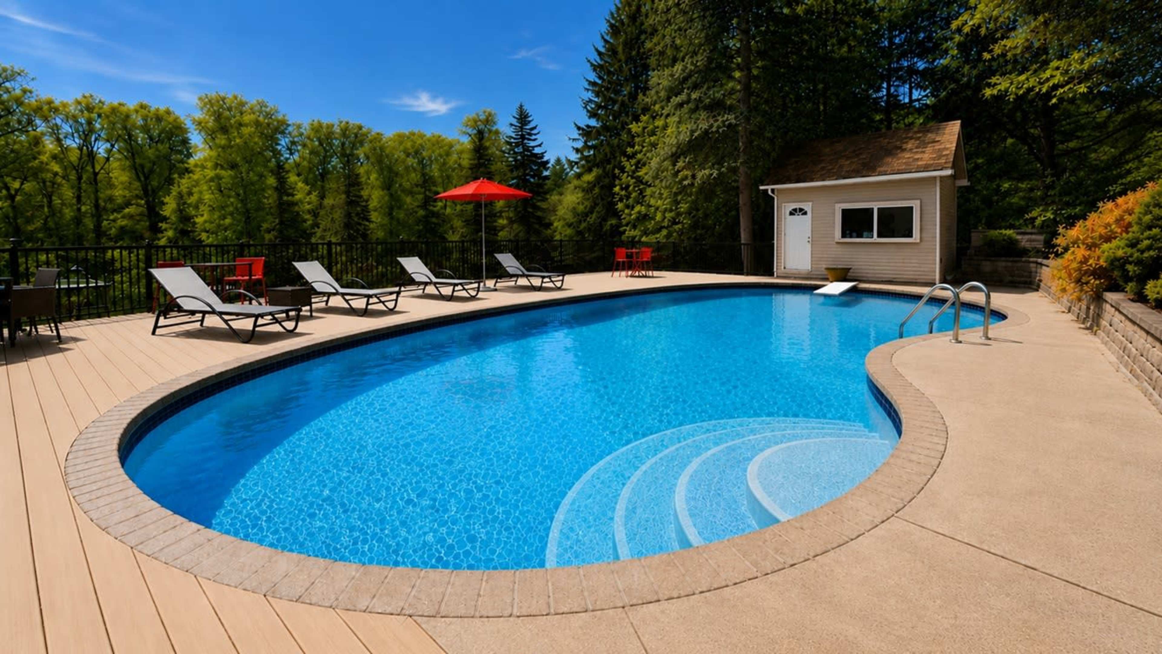 A rectangular swimming pool with clear blue water is surrounded by lounge chairs, a red umbrella, and a small building in a wooded area.