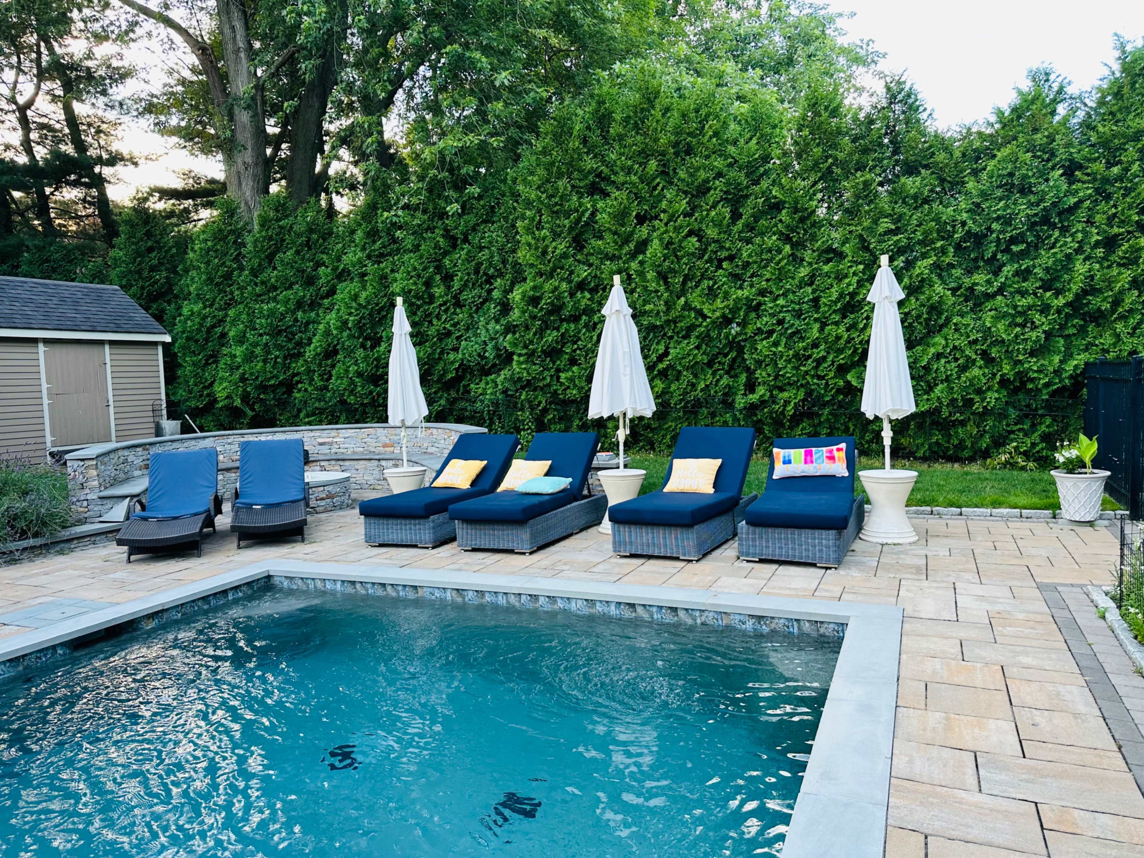 A swimming pool is surrounded by lounge chairs and umbrellas in a landscaped backyard.