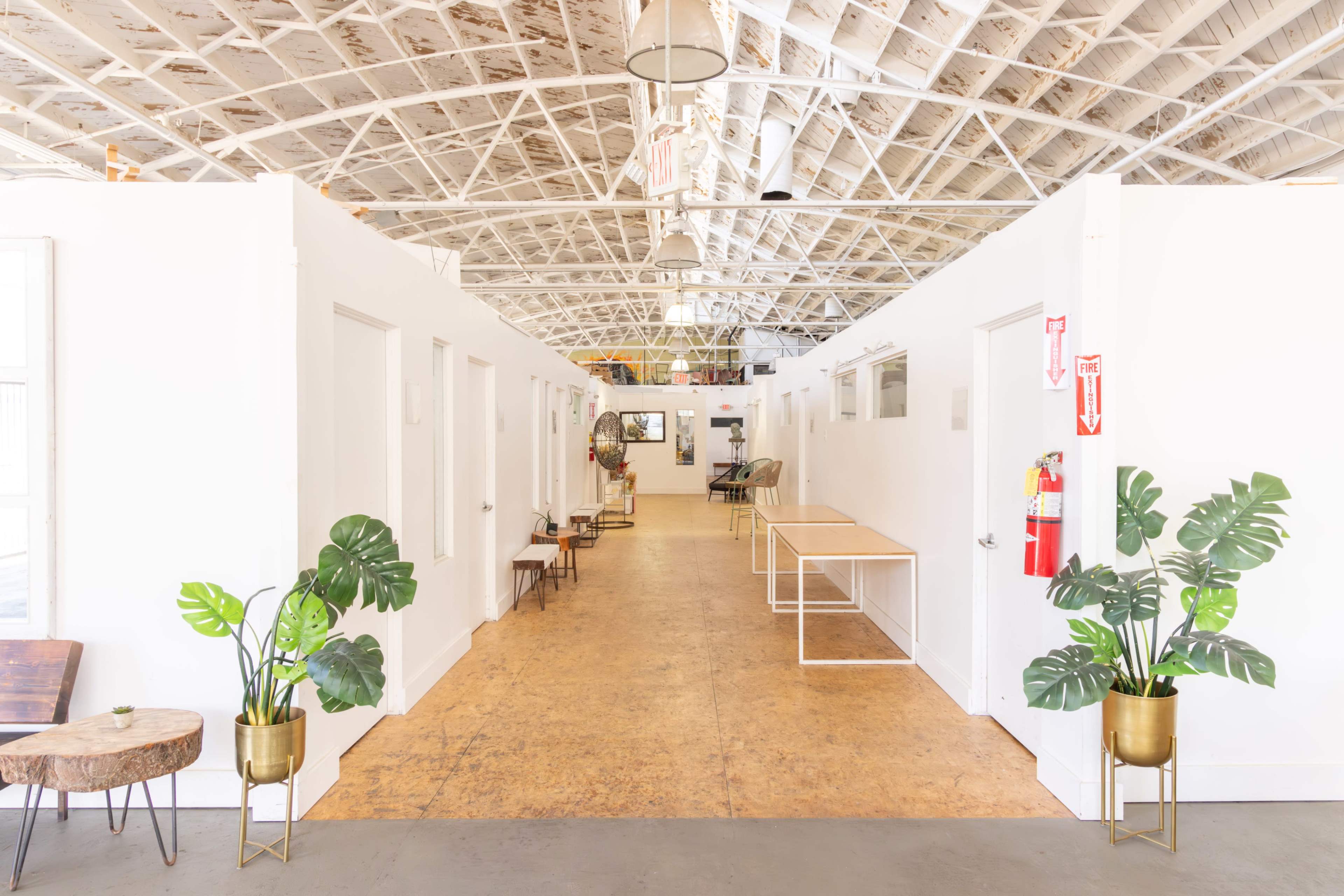 The image shows a bright, open hallway lined with white walls and several closed doors on either side, with wooden tables and potted plants placed along the space.