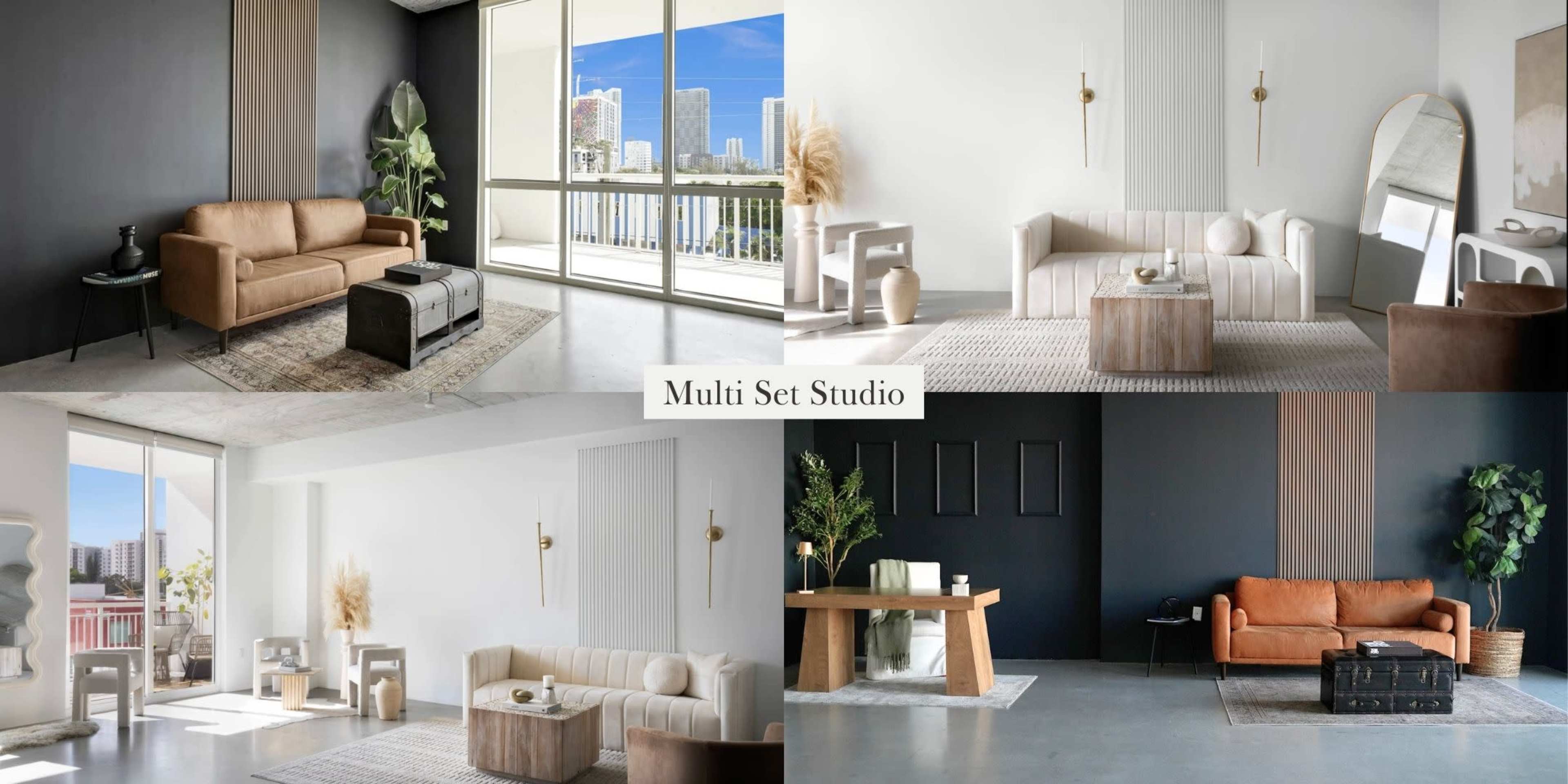 The image showcases four different interior design setups featuring various furniture arrangements and color schemes in a studio setting.
