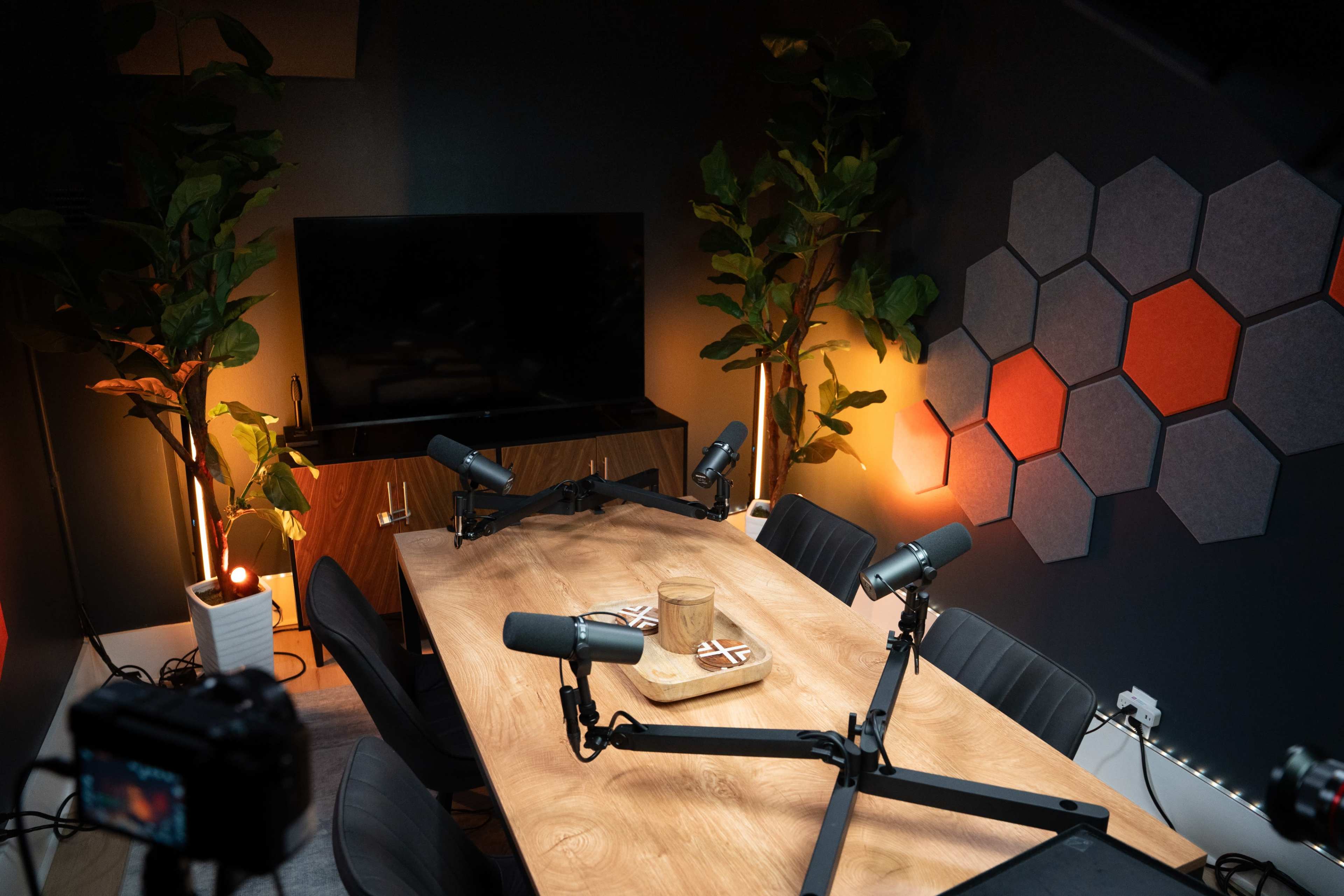 The image shows a modern podcast studio with a large wooden table, several microphones set up around it, and a television in the background, surrounded by decorative plants and hexagonal wall panels.