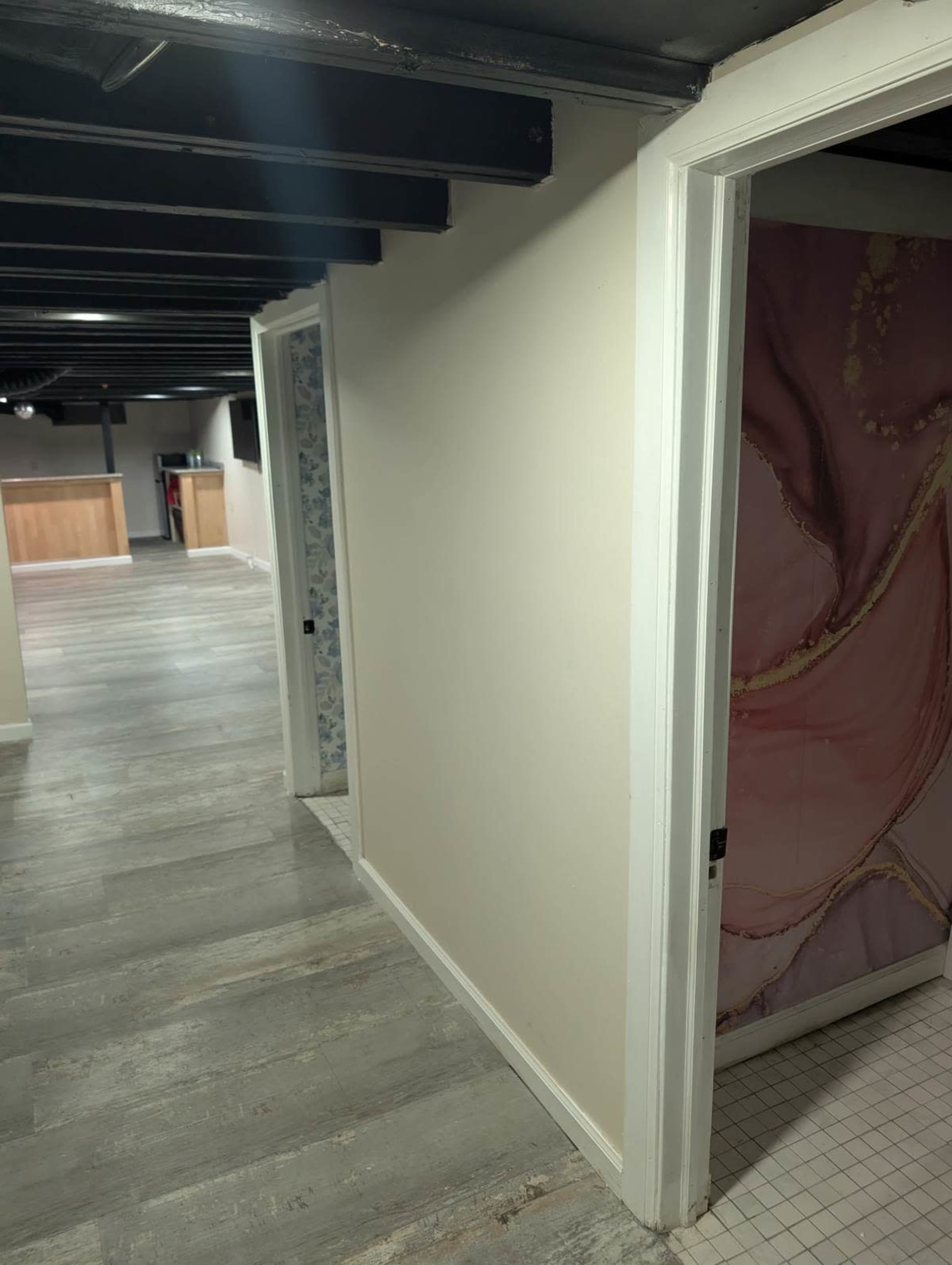 The image shows a hallway in a basement with multiple doorways leading to different rooms.