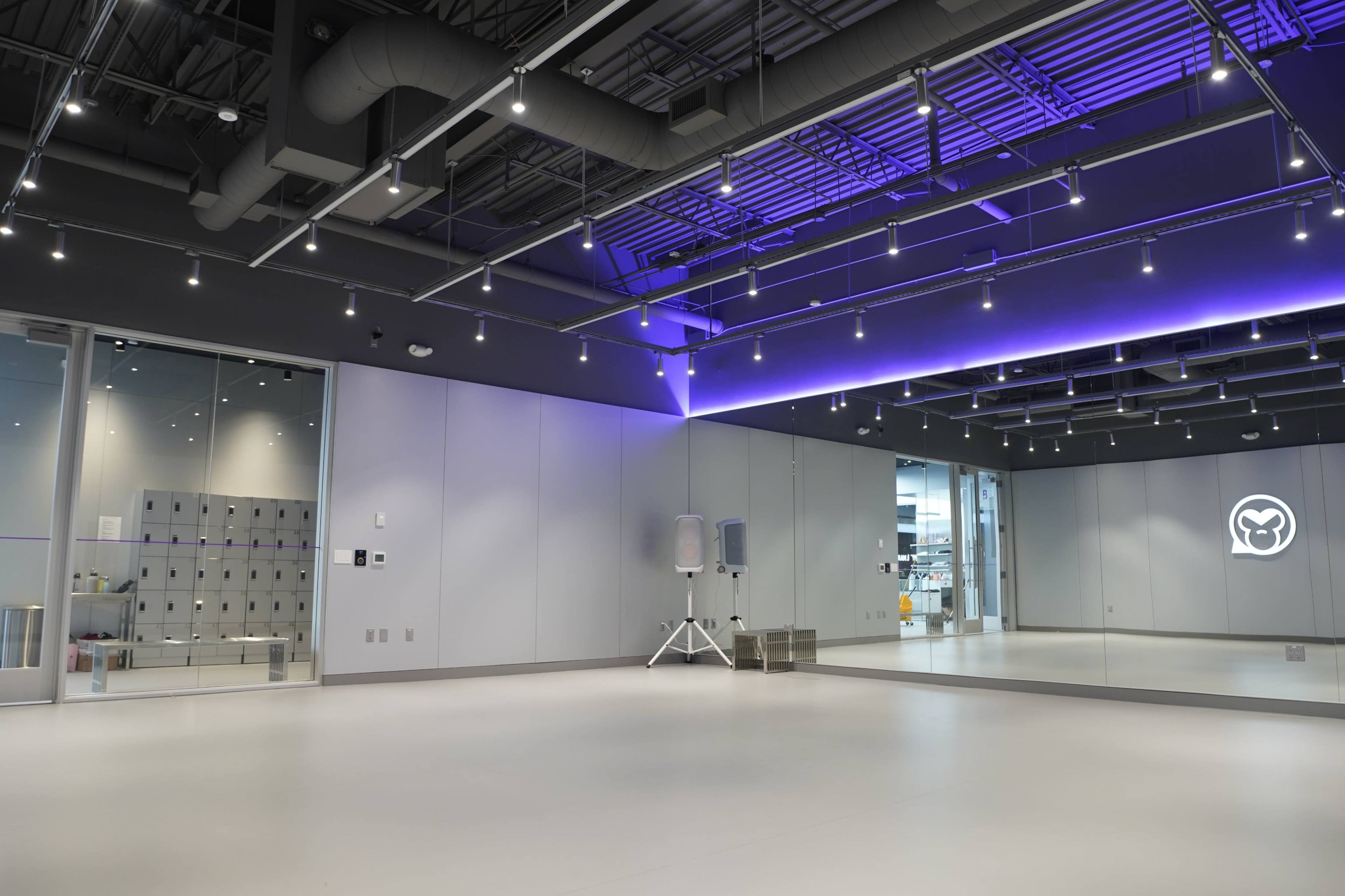 The image shows a spacious, well-lit studio with mirrored walls and modern lighting fixtures.
