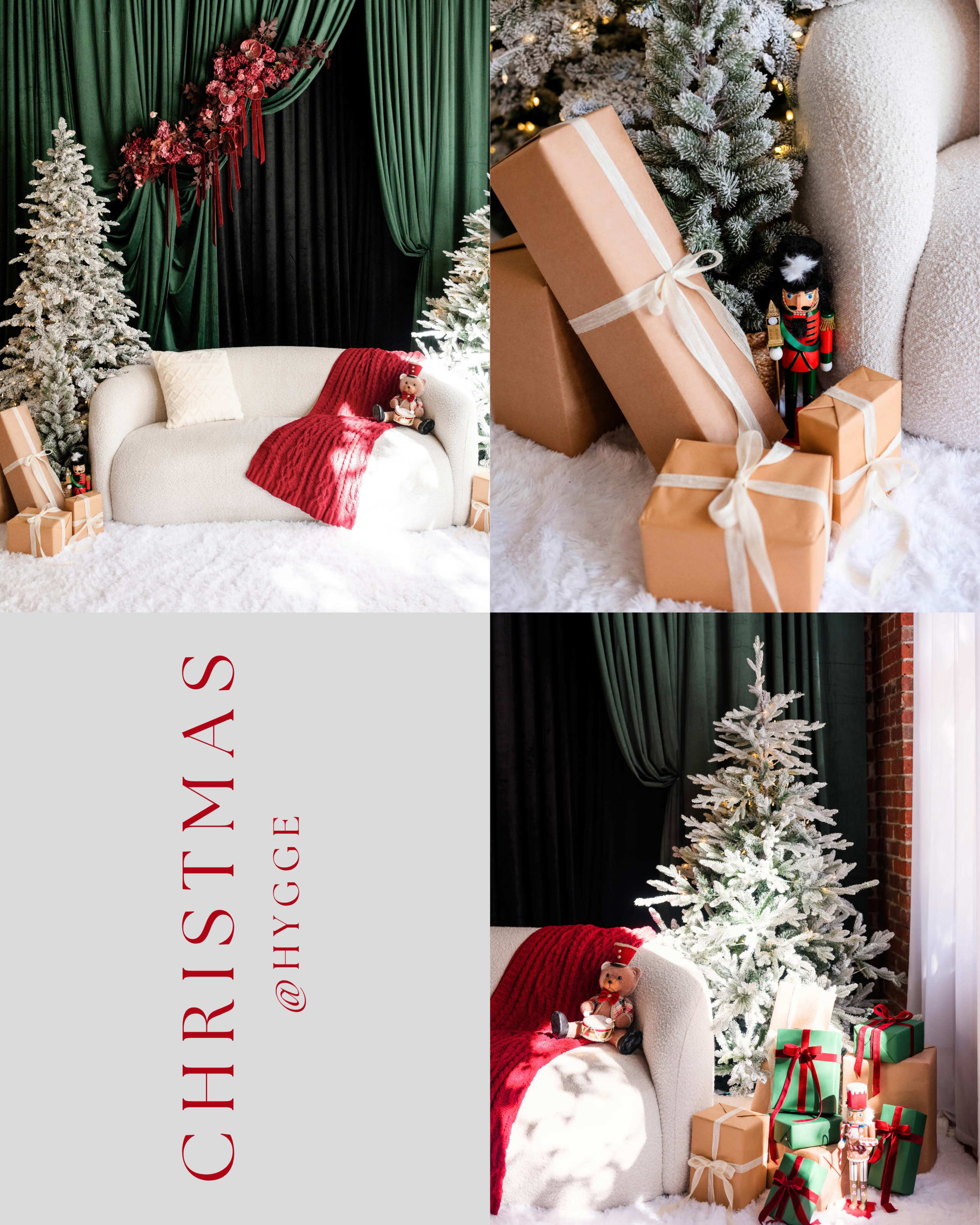 The image showcases a cozy Christmas setting with a white sofa, wrapped gifts, a nutcracker, and decorated evergreen trees.