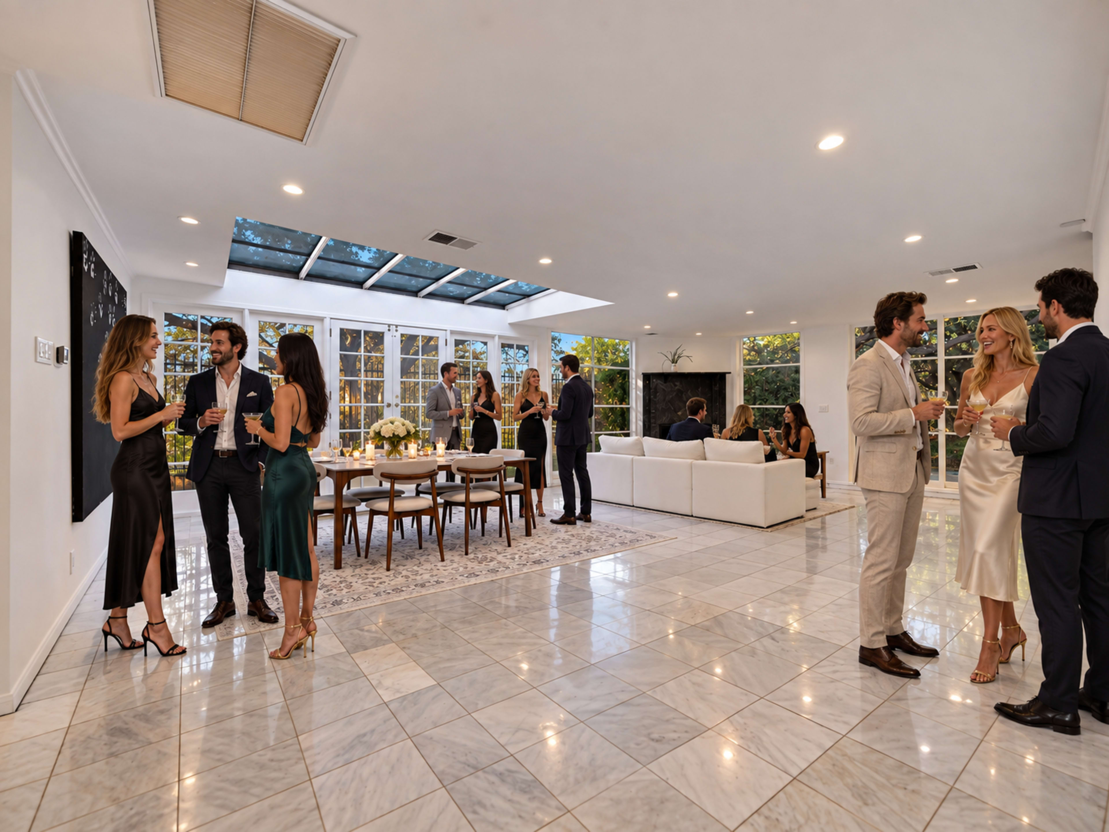 A group of well-dressed people socializes in a modern, spacious living room with a large window and marble flooring.