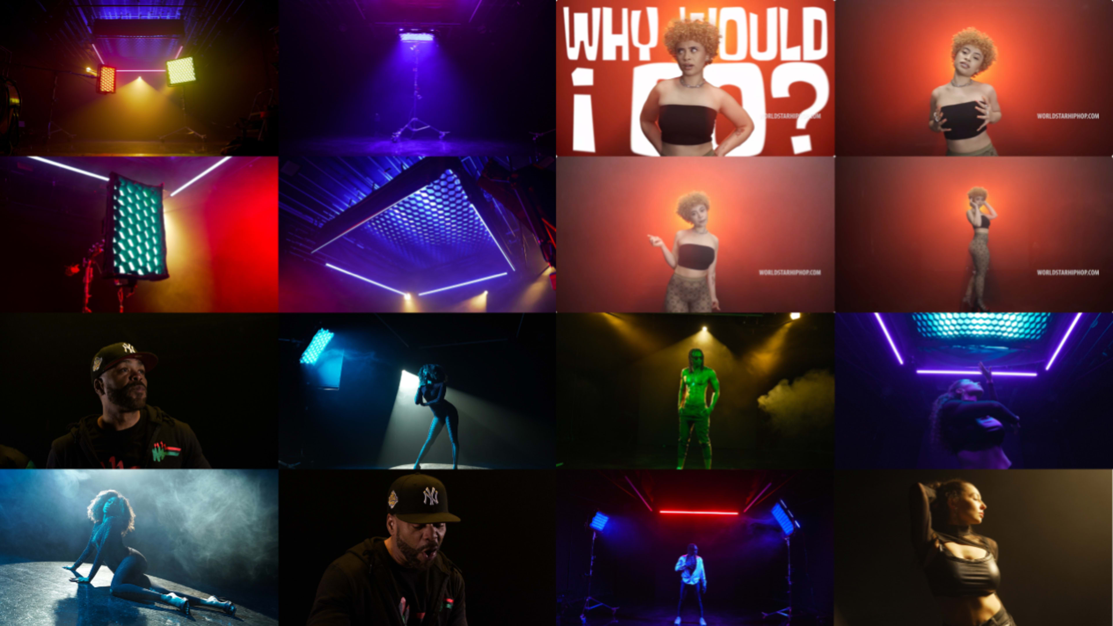A grid of various scenes with performers under dramatic lighting setups, showcasing a mix of poses and expressions.