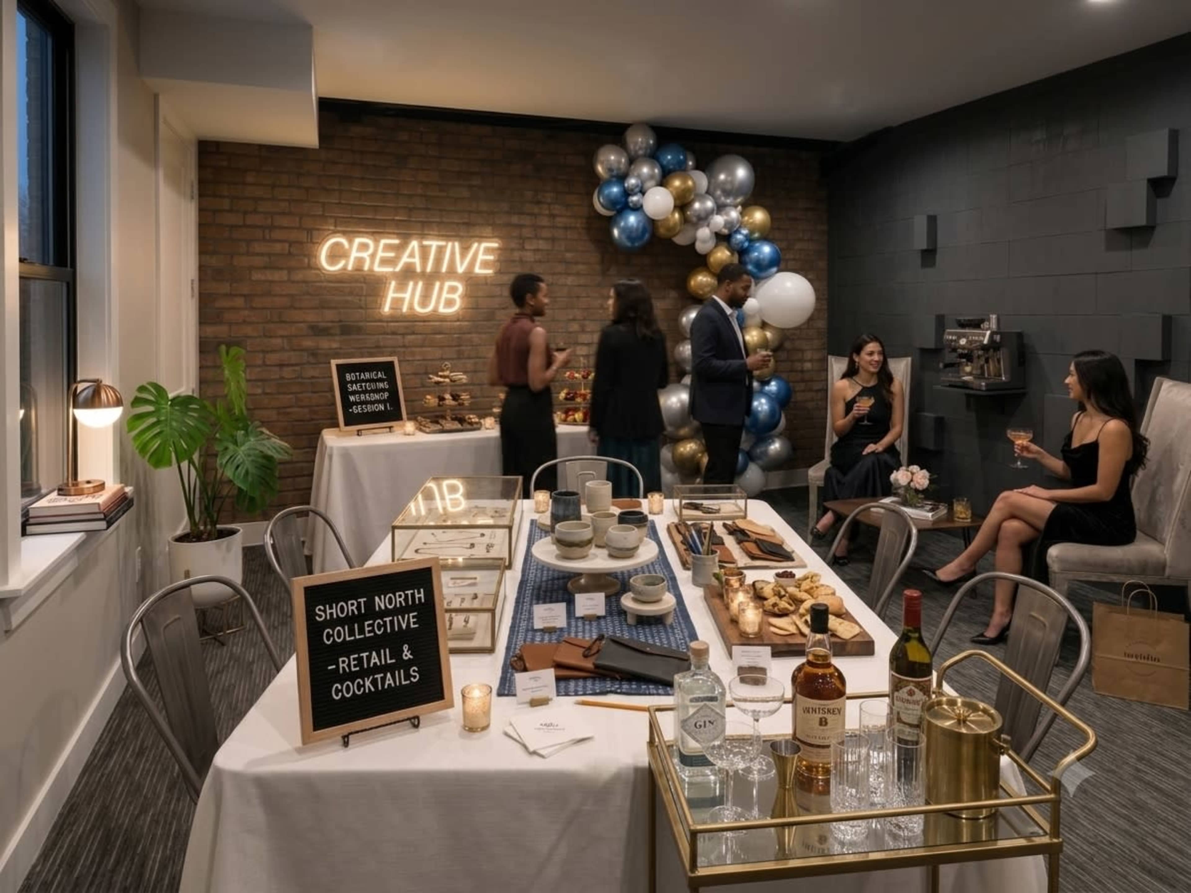 The image shows a modern event space decorated with balloons, tables set with snacks and drinks, and a neon sign reading "Creative Hub," where people are socializing.