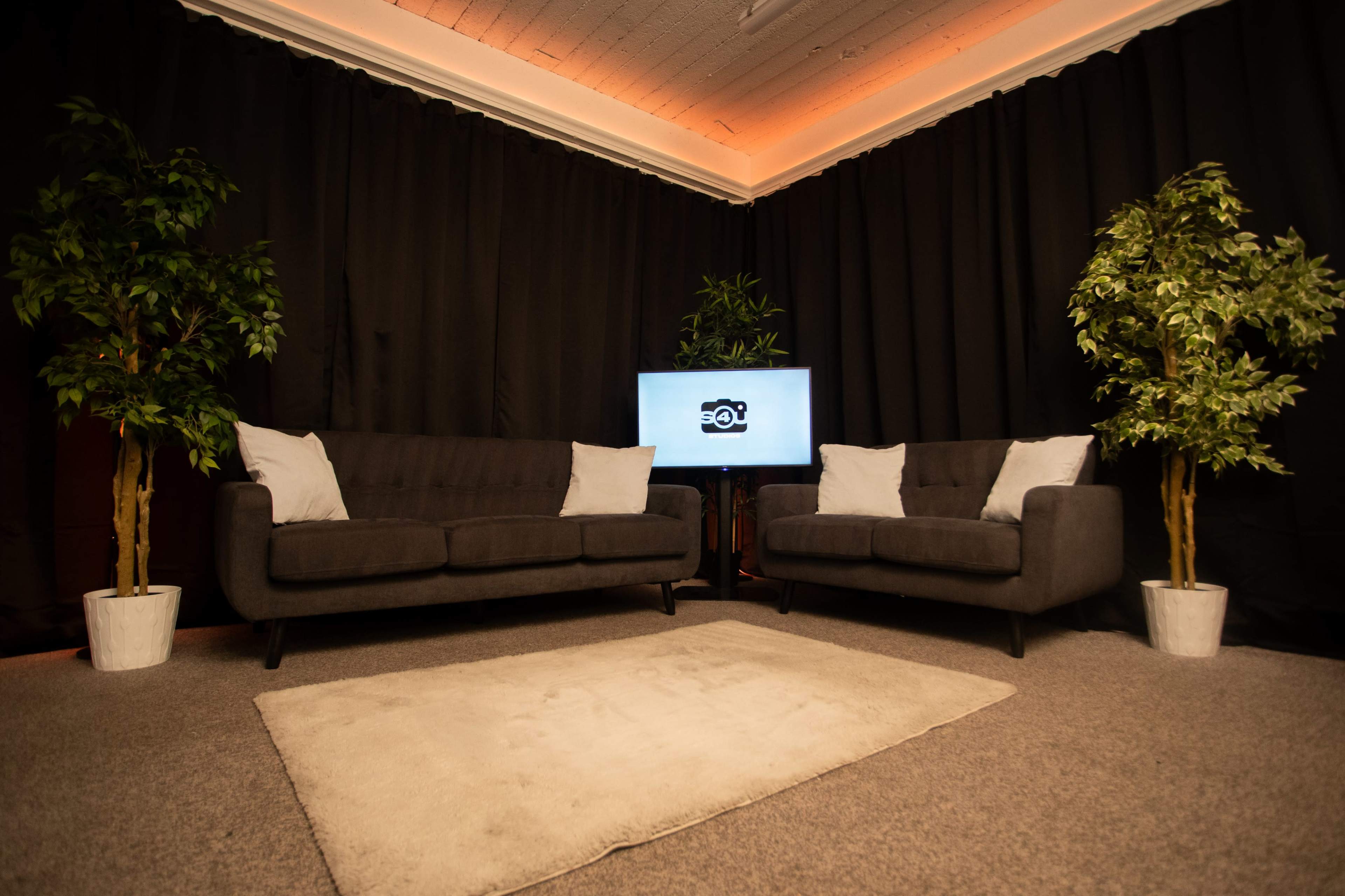 The scene features two gray sofas with white cushions set against a black curtain backdrop, a television displaying a logo, and two potted plants on either side.
