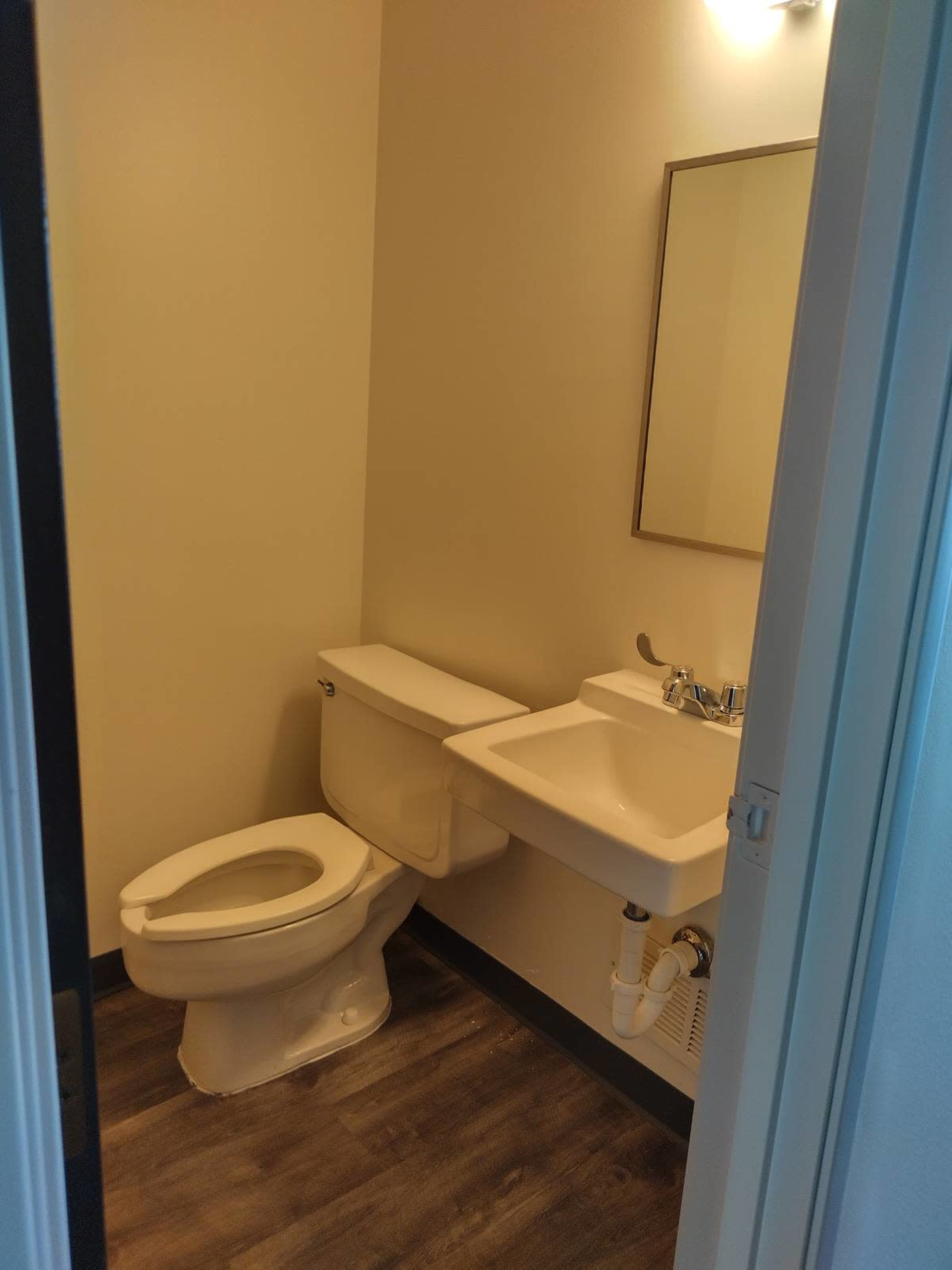 A small bathroom features a toilet and a sink with a mirror above it, set against light-colored walls and a wooden floor.