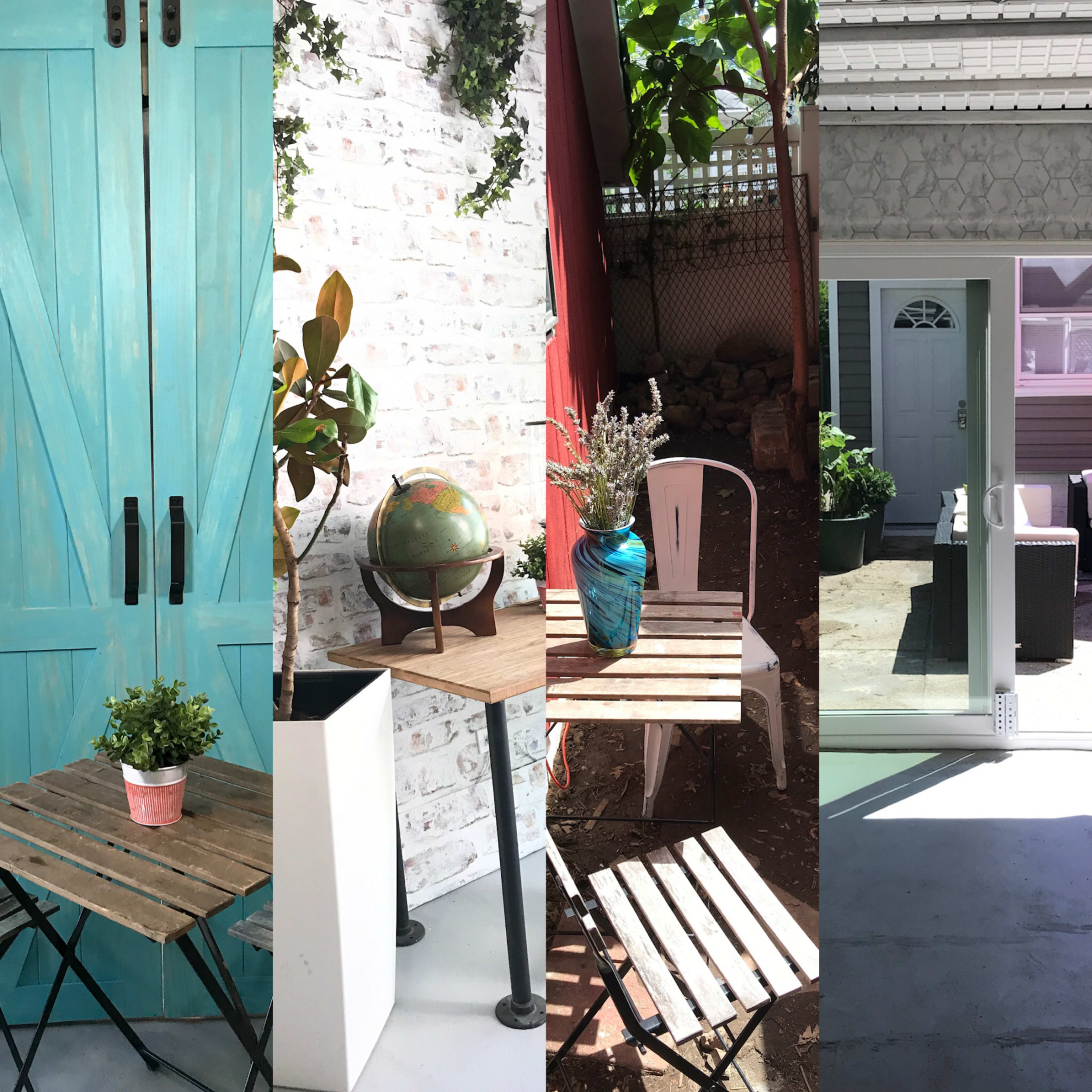 A collage of various outdoor and indoor tables set in different environments, showcasing plants, decor, and distinct backgrounds.