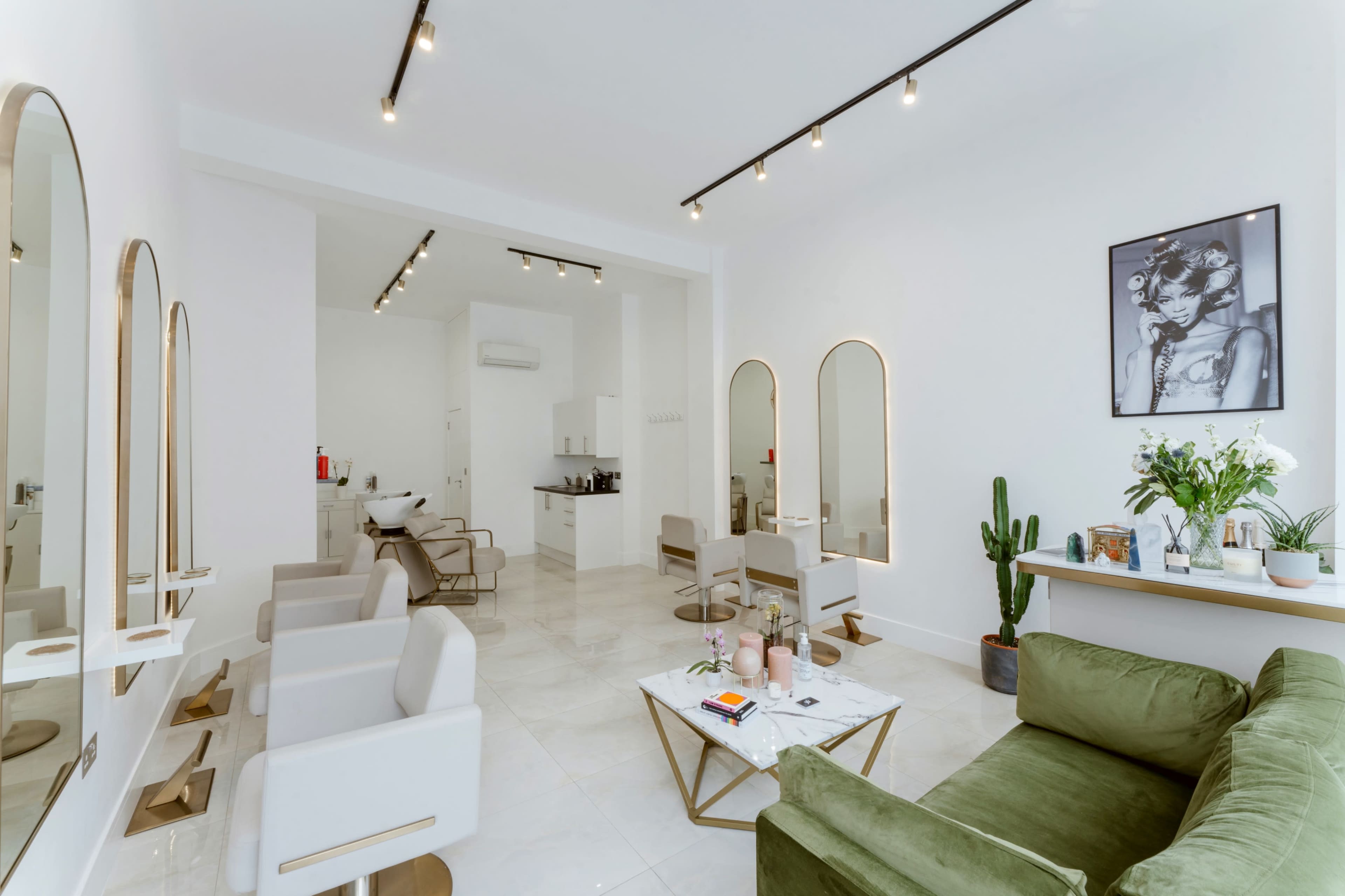 The image shows a modern salon interior with white walls, several styling chairs, mirrors, a coffee table, and decorative plants.