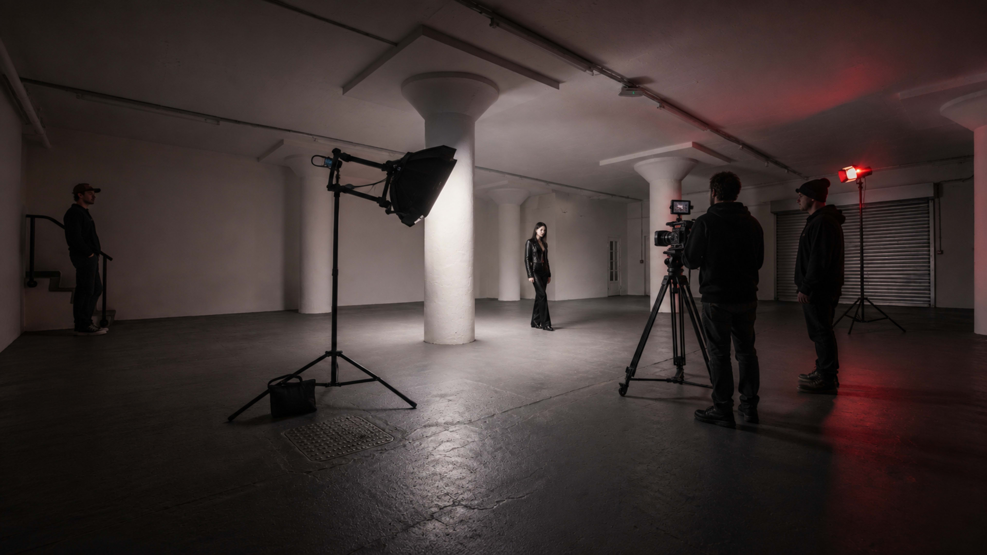 A photography studio features a model posing under bright lights while a group of photographers sets up cameras and equipment.