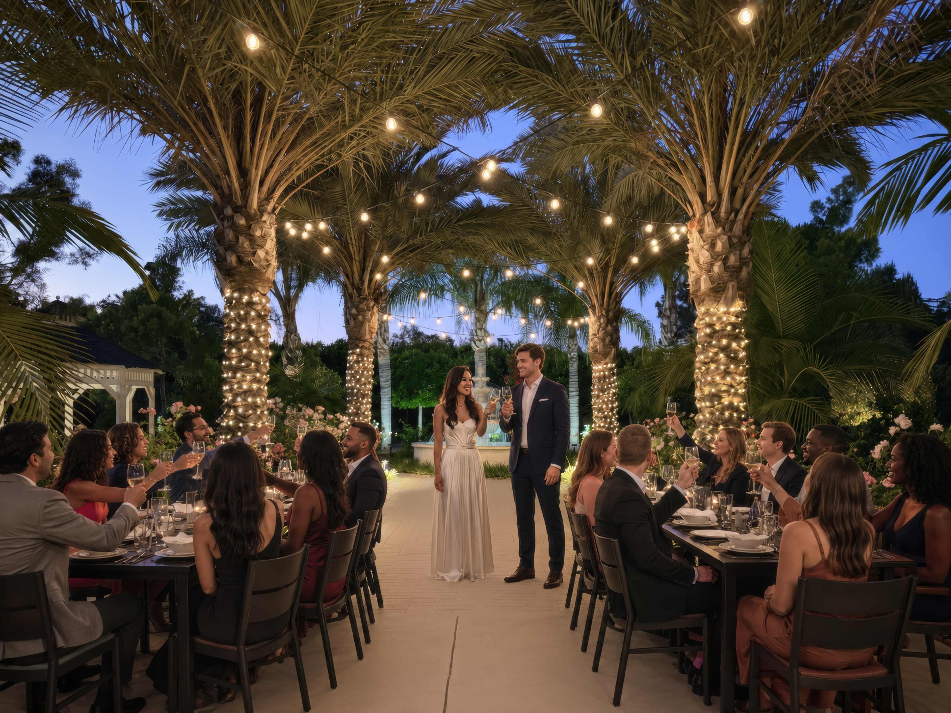 A couple stands at the center of a beautifully decorated outdoor dining area, surrounded by guests seated at a long table beneath lit palm trees.