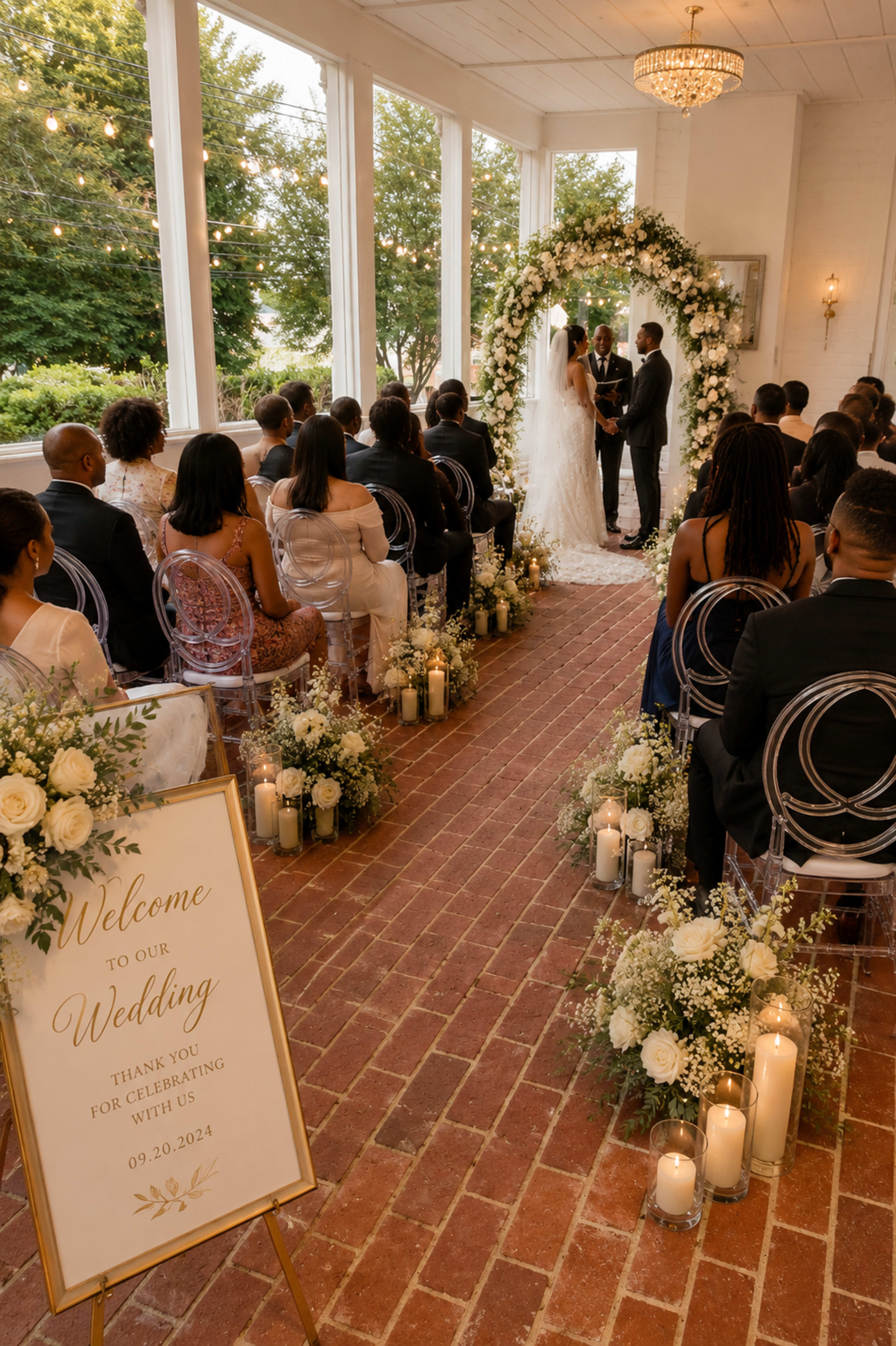 A couple stands under a floral arch while exchanging vows in front of seated guests in a decorated indoor wedding venue.