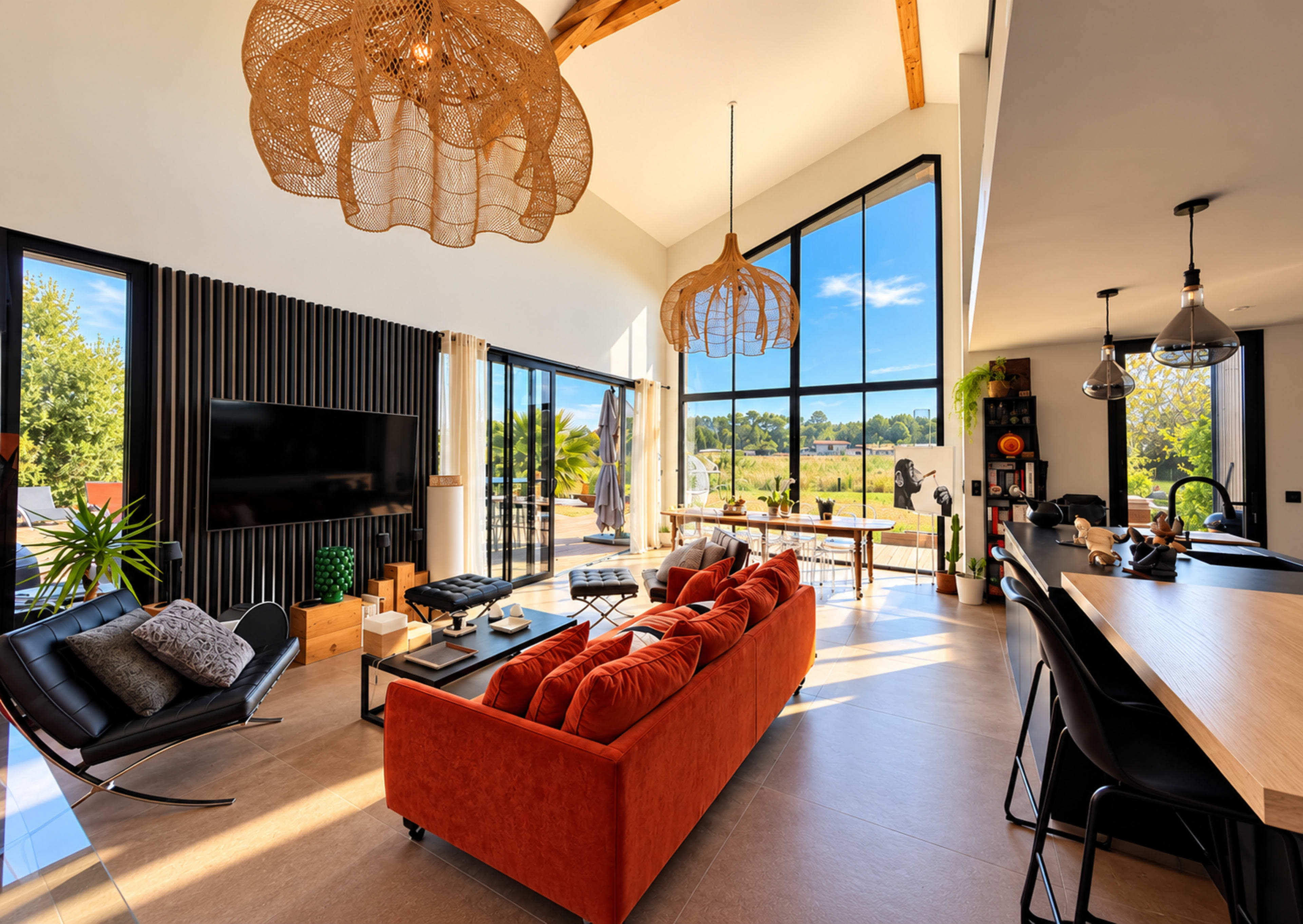The image shows a spacious, modern living room with large windows, a stylish orange sofa, and wooden ceiling beams, overlooking a landscaped outdoor area.