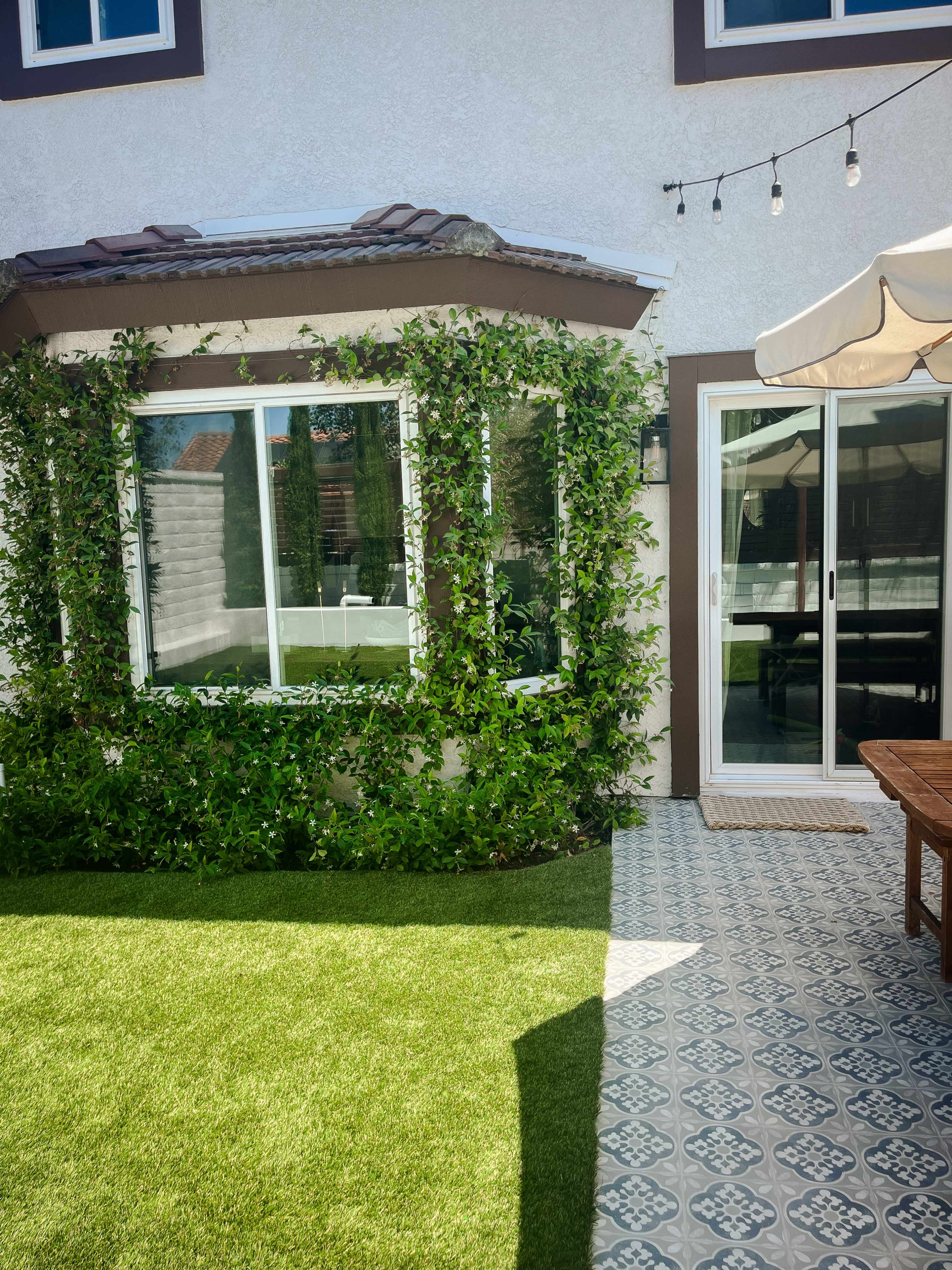 A backyard patio with a light-colored house, a glass-enclosed area covered in green vines, and a patterned stone path leading to a table with chairs beneath an umbrella.