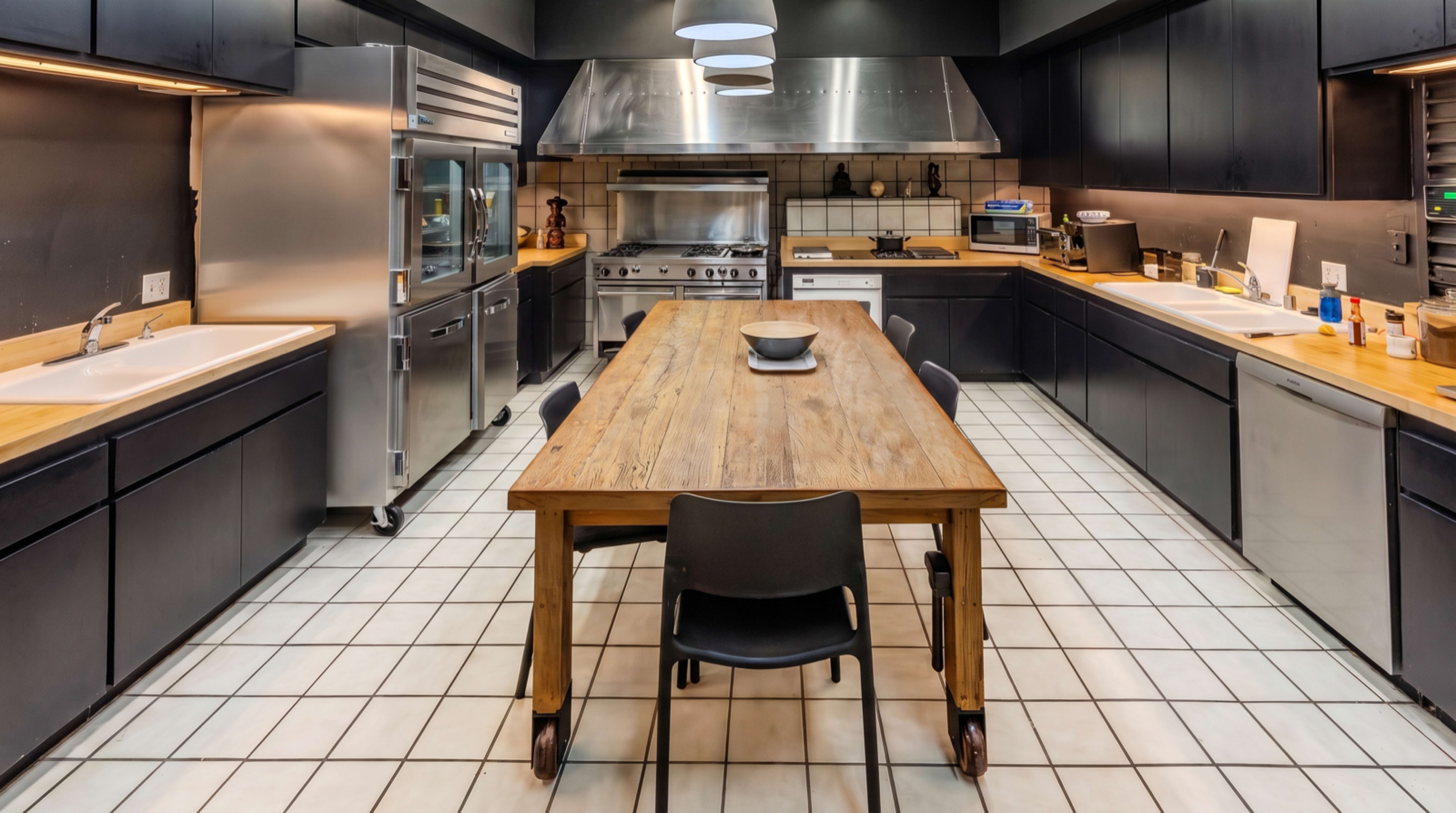 The image shows a spacious kitchen featuring a large wooden dining table at the center, surrounded by black chairs, with stainless steel appliances and dark cabinetry lining the walls.