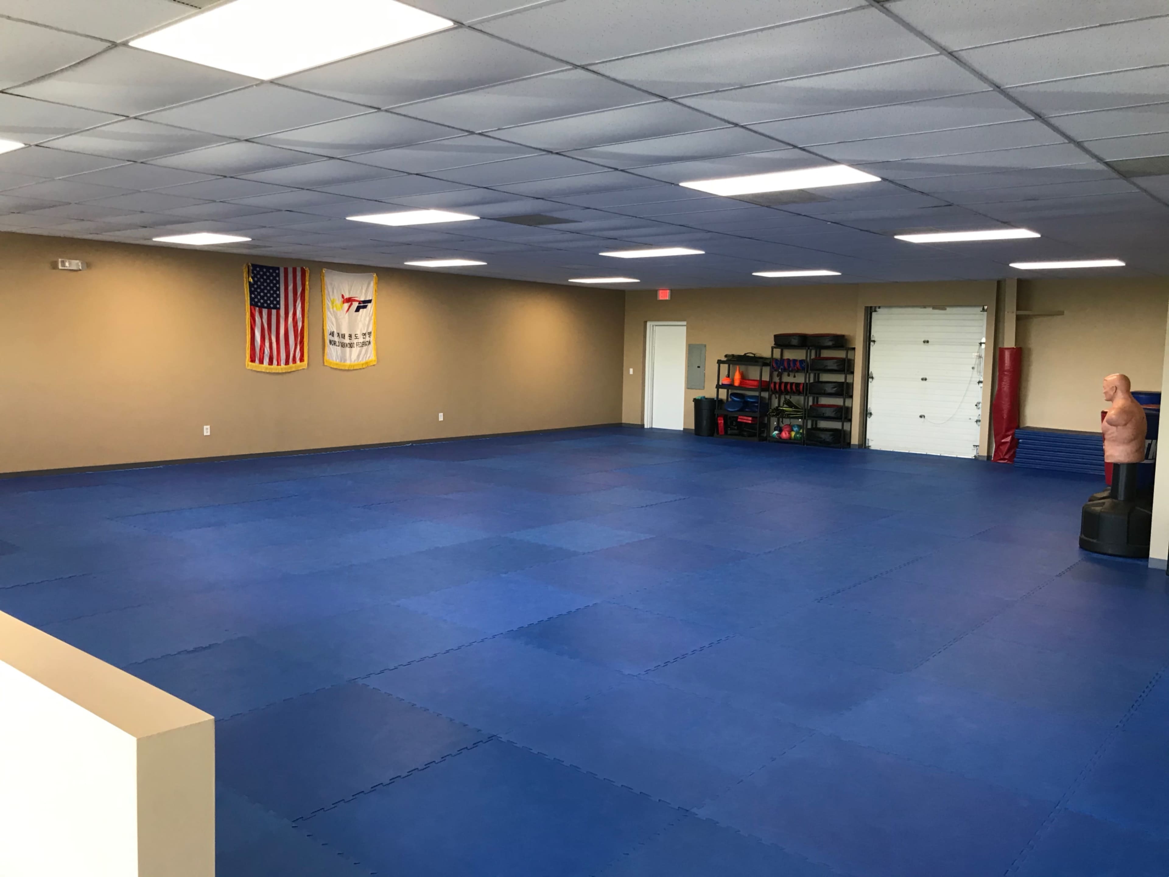 The image shows a spacious martial arts training room with blue mats, two flags on the wall, and a training dummy in the corner.