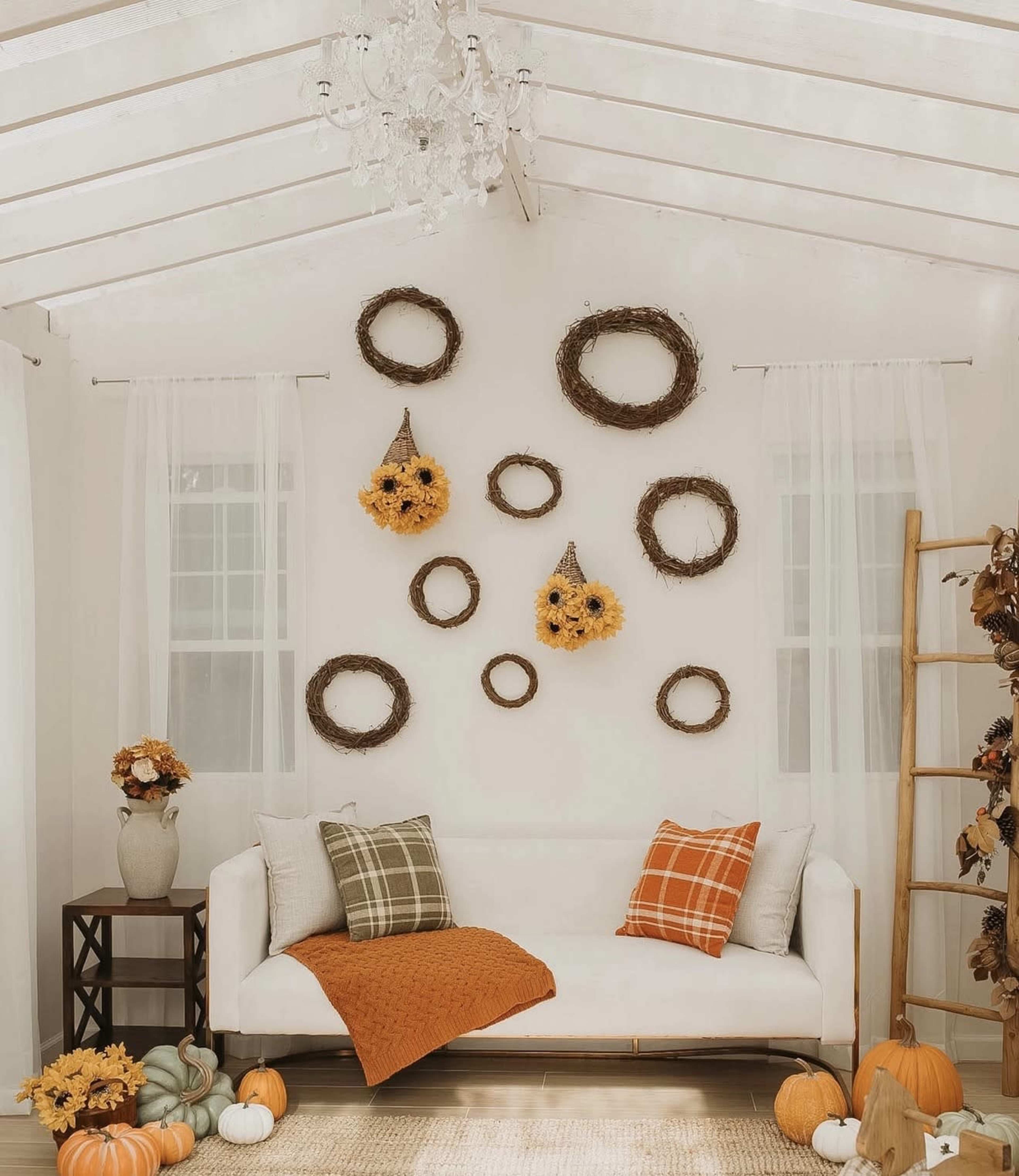 The image shows a cozy indoor space featuring a white sofa with decorative pillows, a textured throw blanket, and a wall adorned with circular wreaths and sunflowers, alongside pumpkins scattered on the floor.